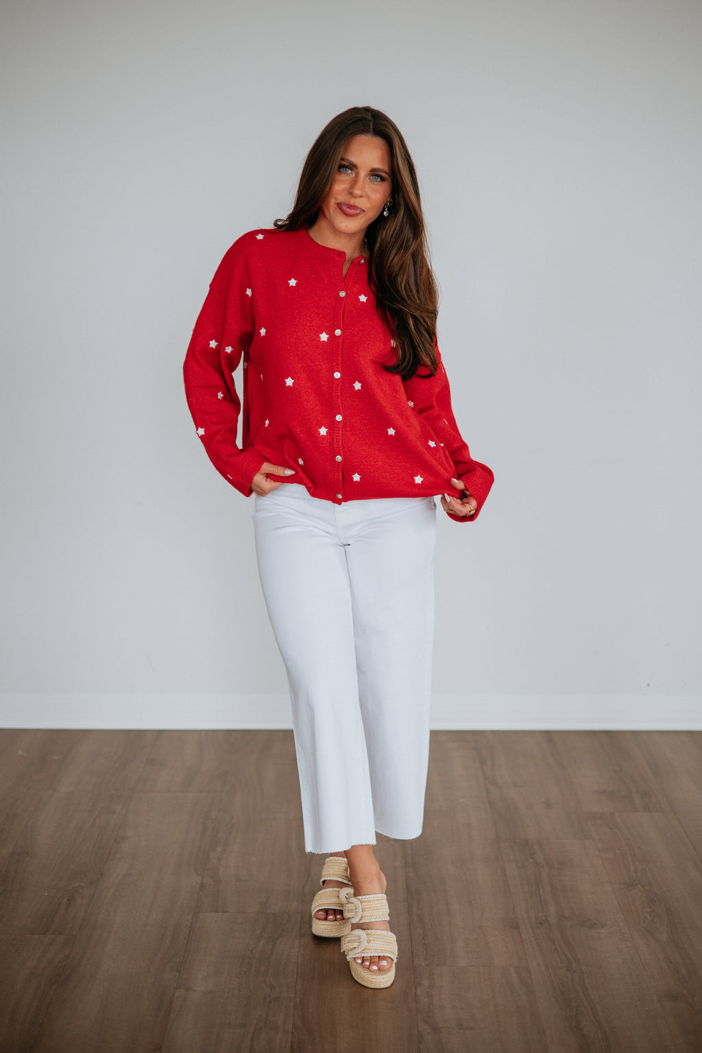 Round Neck Long Sleeve Embroidered Star Sweater Knit Cardigan in Cherry