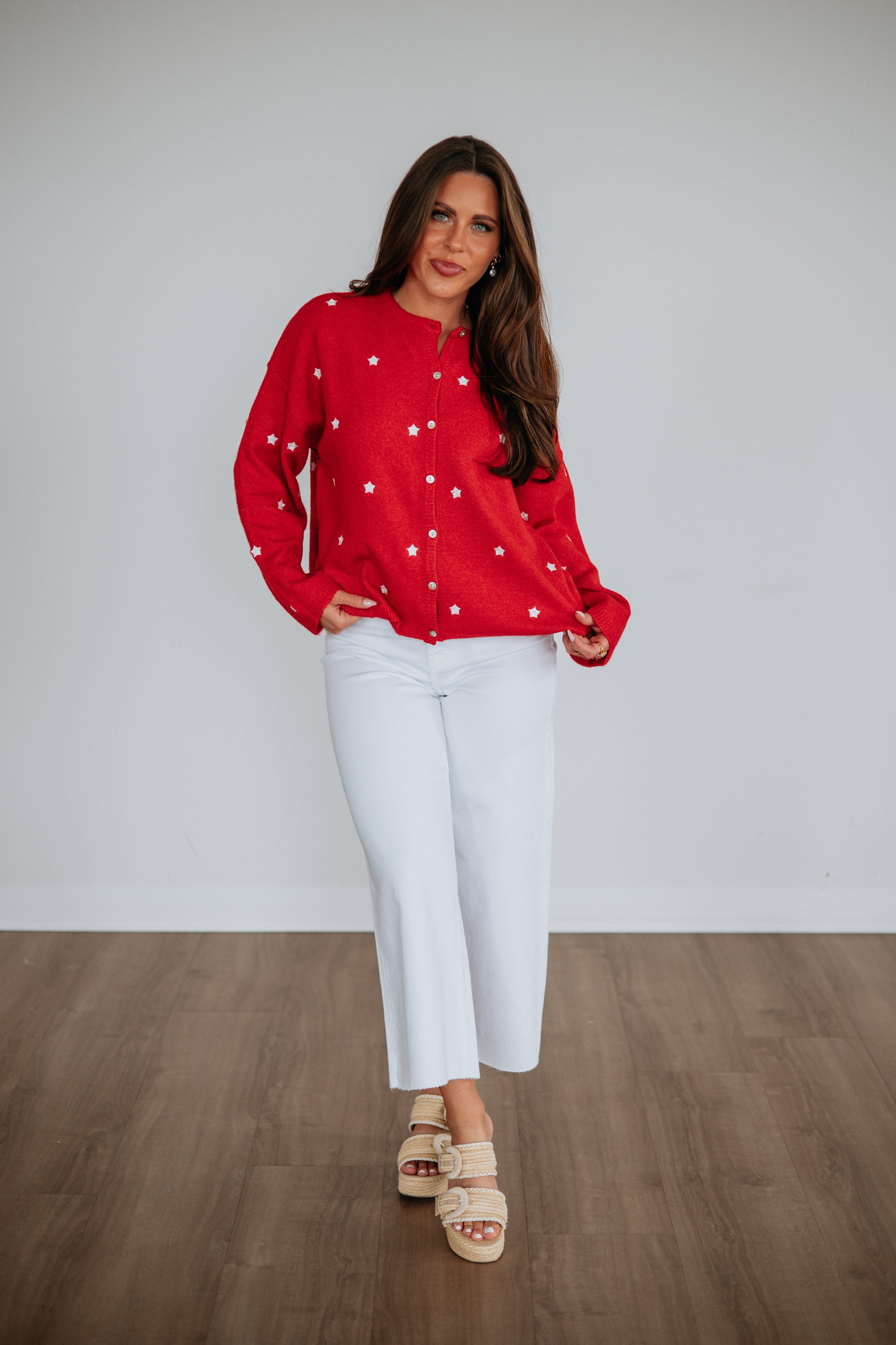Round Neck Long Sleeve Embroidered Star Sweater Knit Cardigan in Cherry