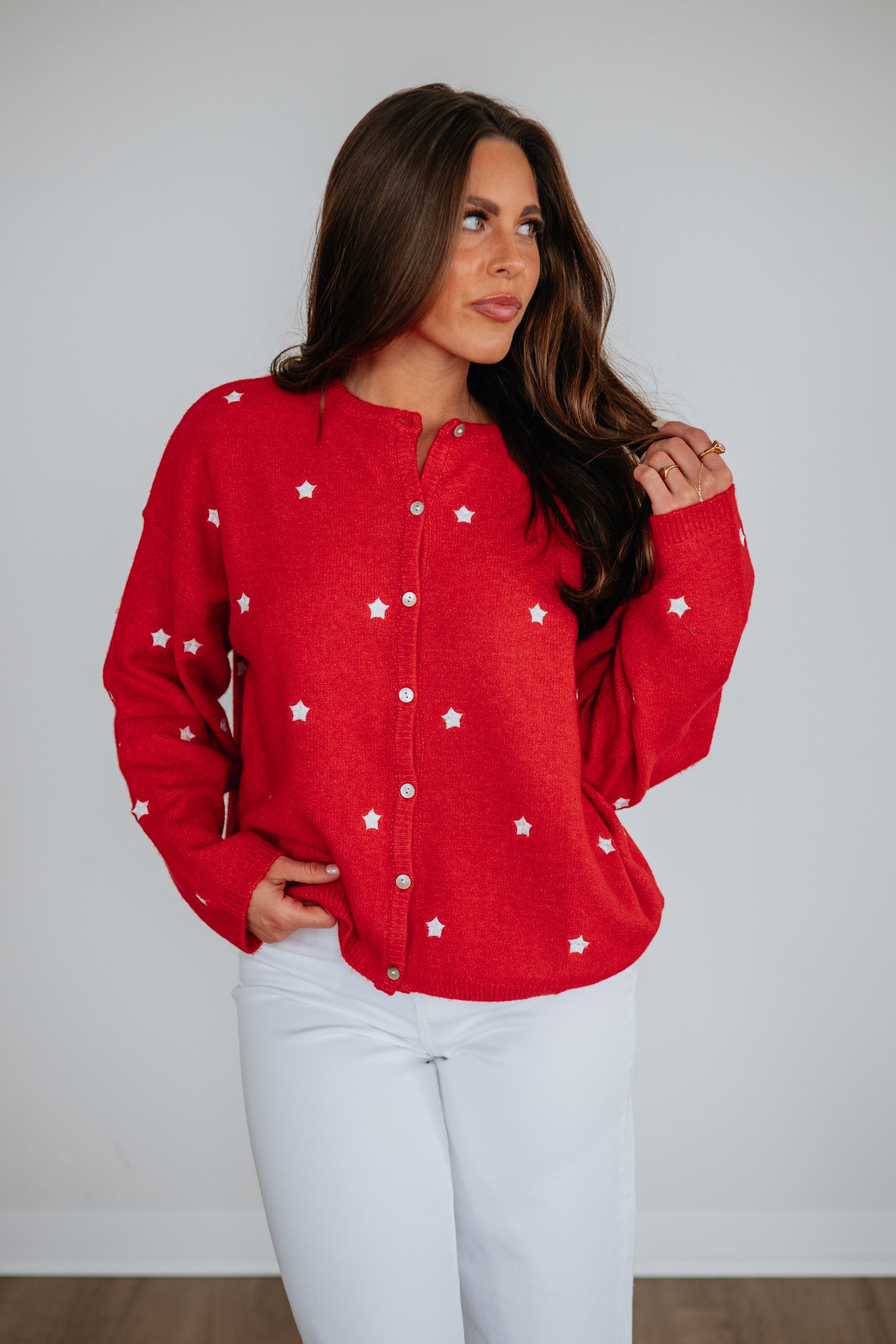 Round Neck Long Sleeve Embroidered Star Sweater Knit Cardigan in Cherry