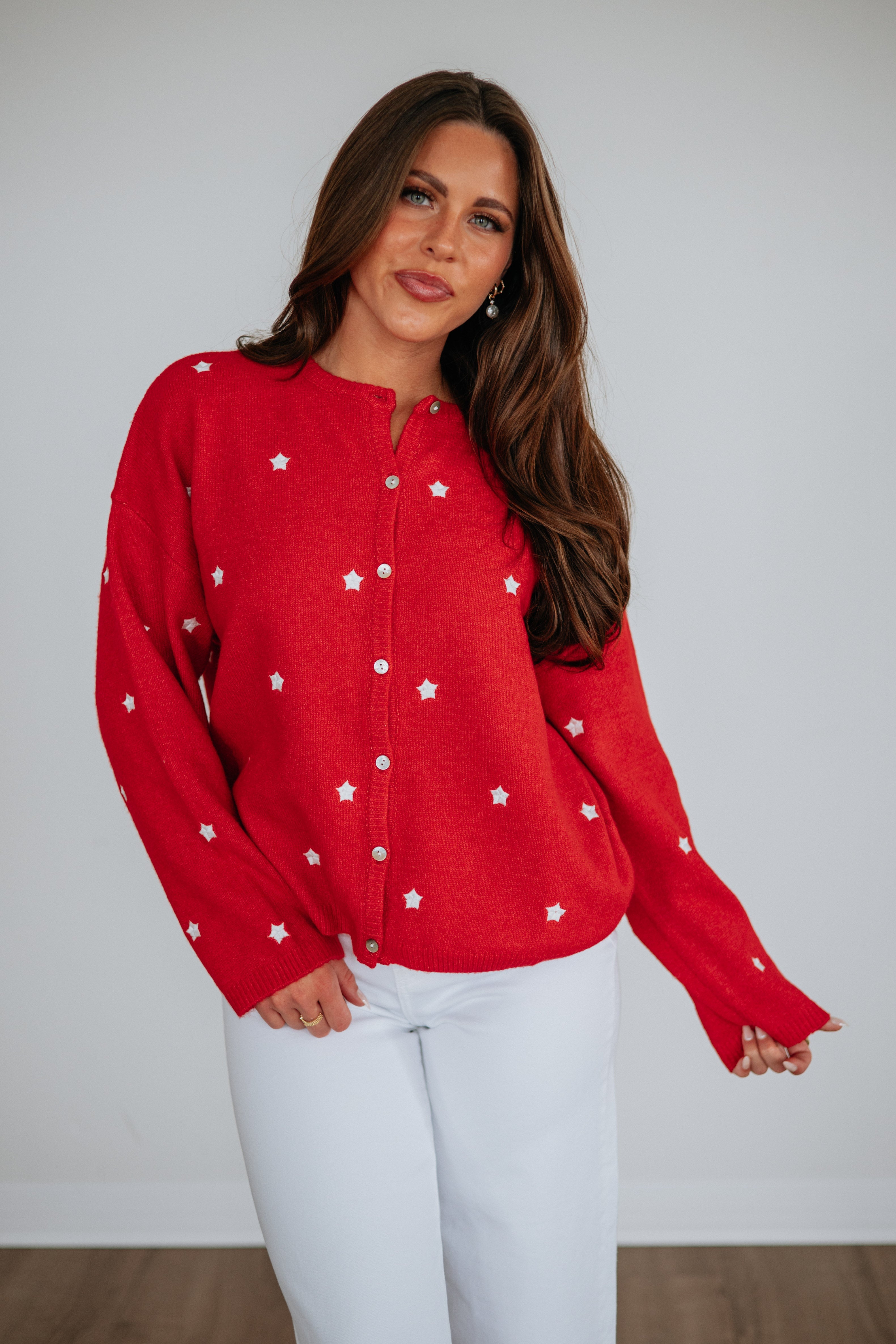Round Neck Long Sleeve Embroidered Star Sweater Knit Cardigan in Cherry