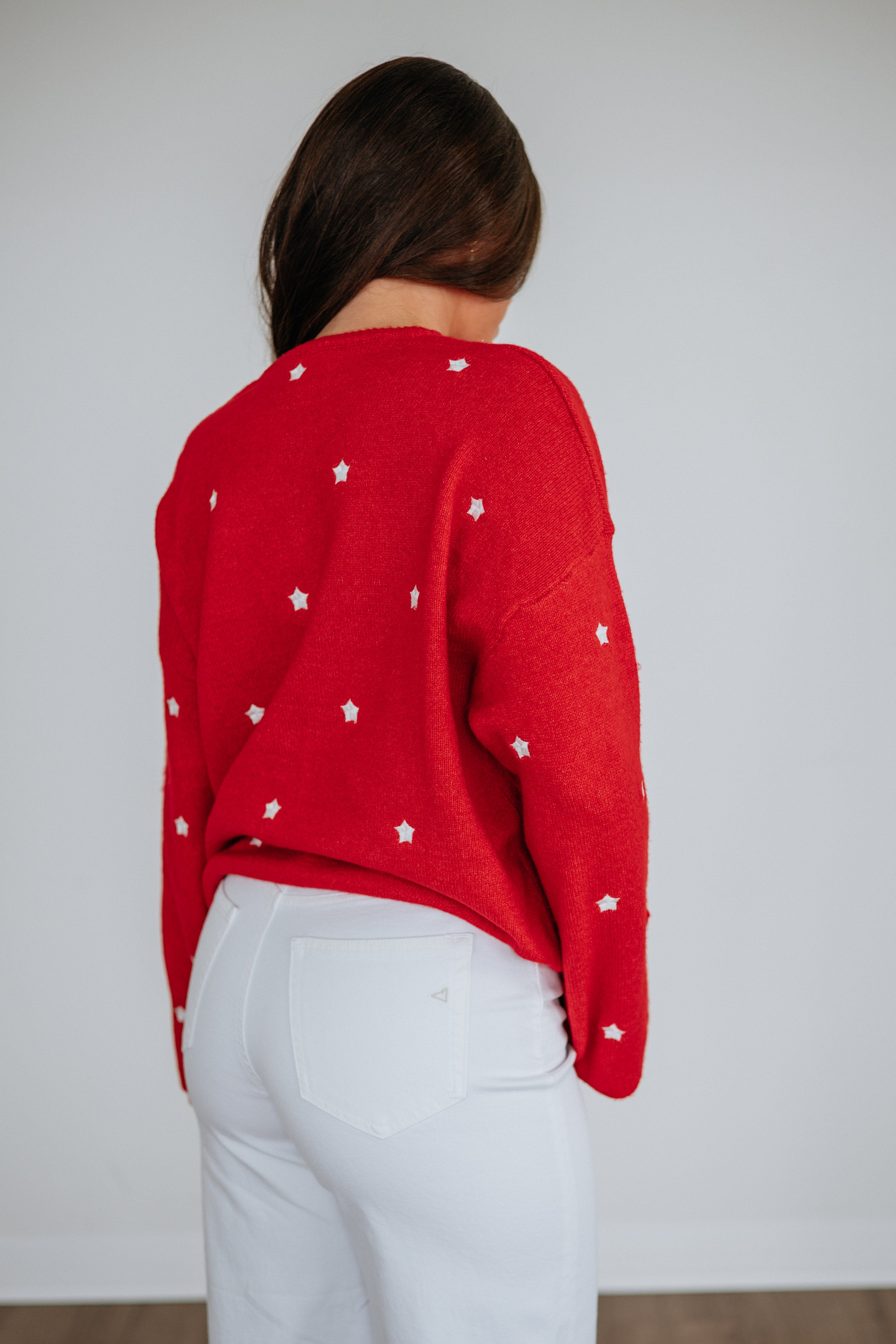 Round Neck Long Sleeve Embroidered Star Sweater Knit Cardigan in Cherry