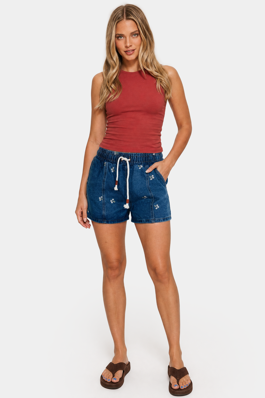 High Rise Floral Embroidery Relaxed Denim Shorts in Dark Wash