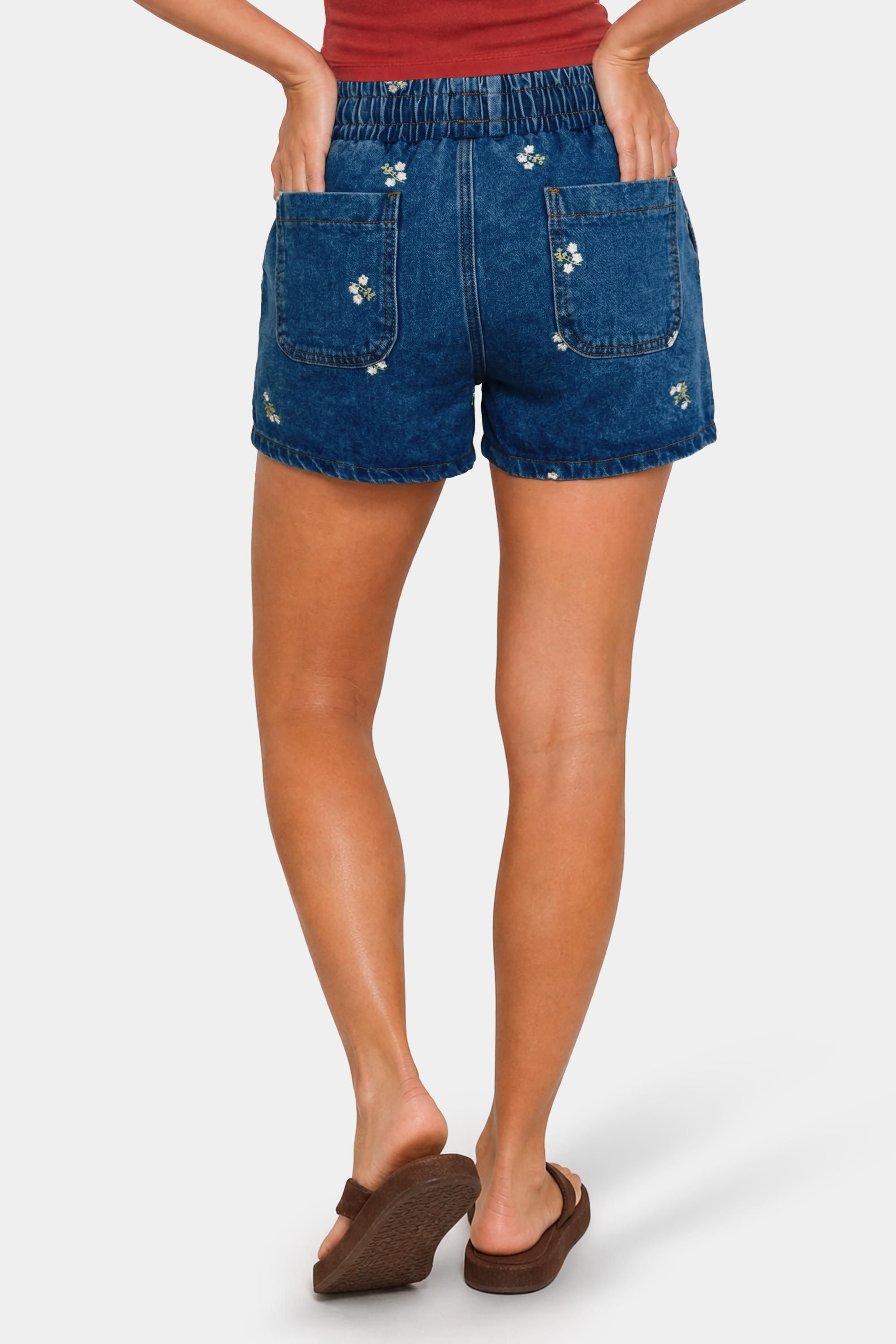High Rise Floral Embroidery Relaxed Denim Shorts in Dark Wash