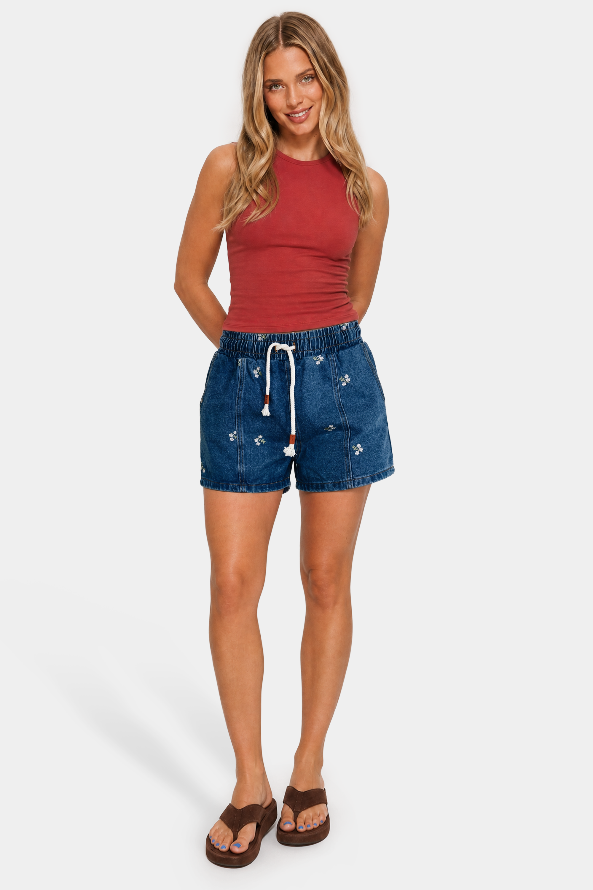 High Rise Floral Embroidery Relaxed Denim Shorts in Dark Wash
