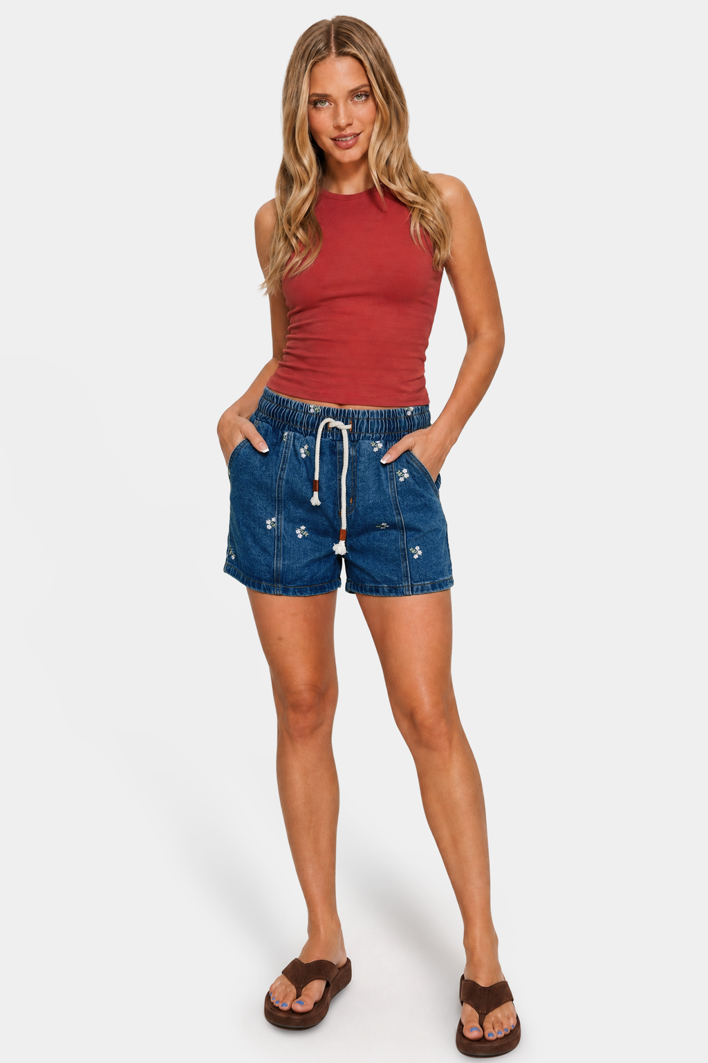 High Rise Floral Embroidery Relaxed Denim Shorts in Dark Wash