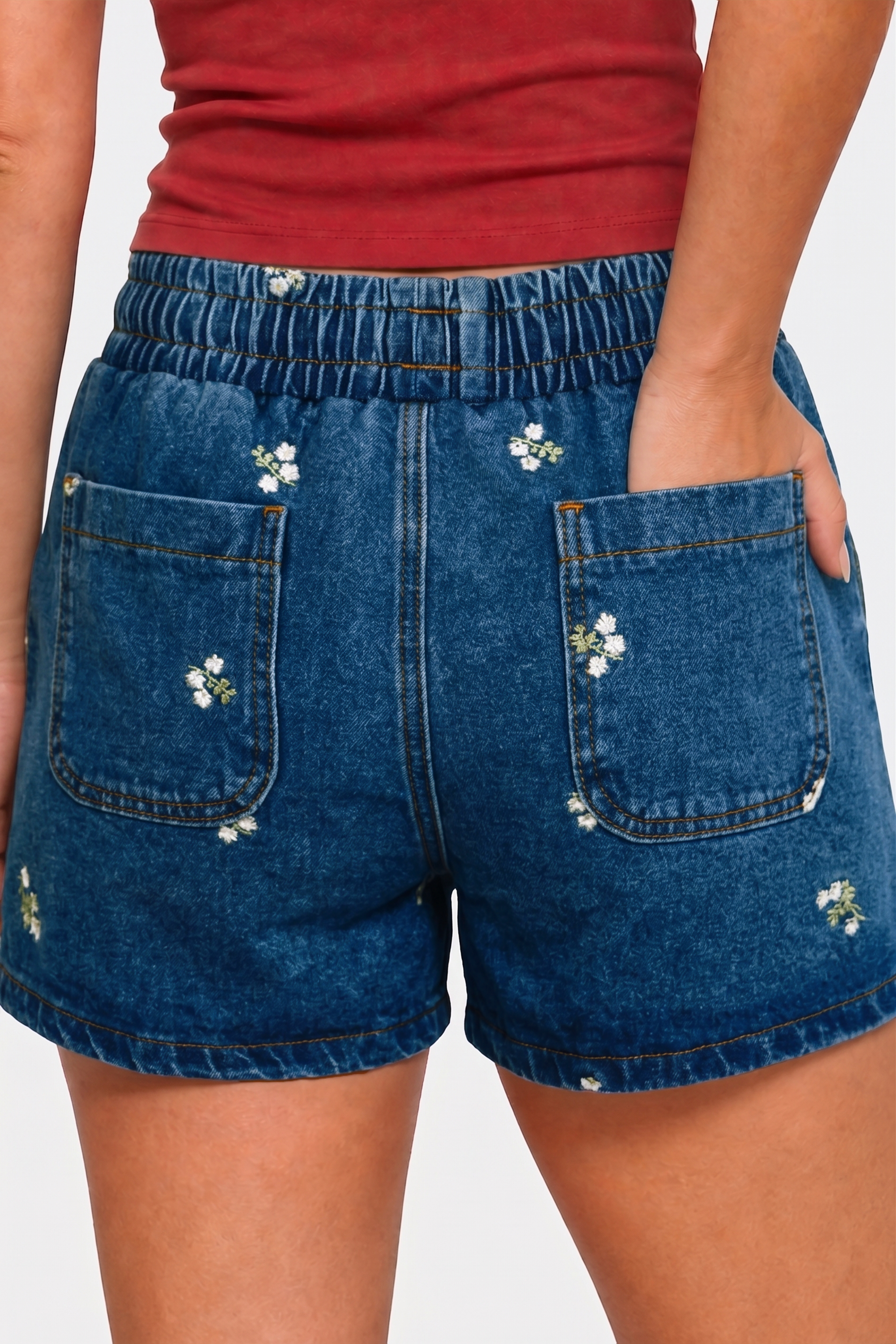 High Rise Floral Embroidery Relaxed Denim Shorts in Dark Wash