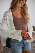 Open Front Flared Sleeve Scalloped Hem Cropped Open Knit Cardigan in Ivory