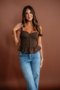 Sweetheart Underwire Plaid Corset Peplum Cropped Top in Chocolate