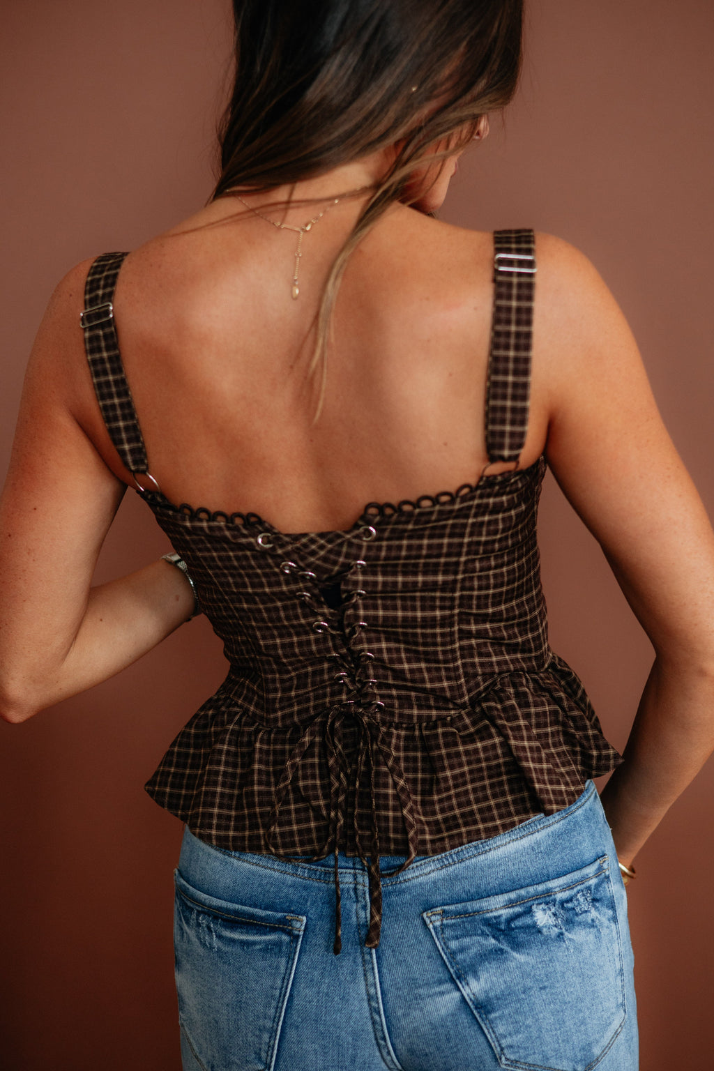 Sweetheart Underwire Plaid Corset Peplum Cropped Top in Chocolate