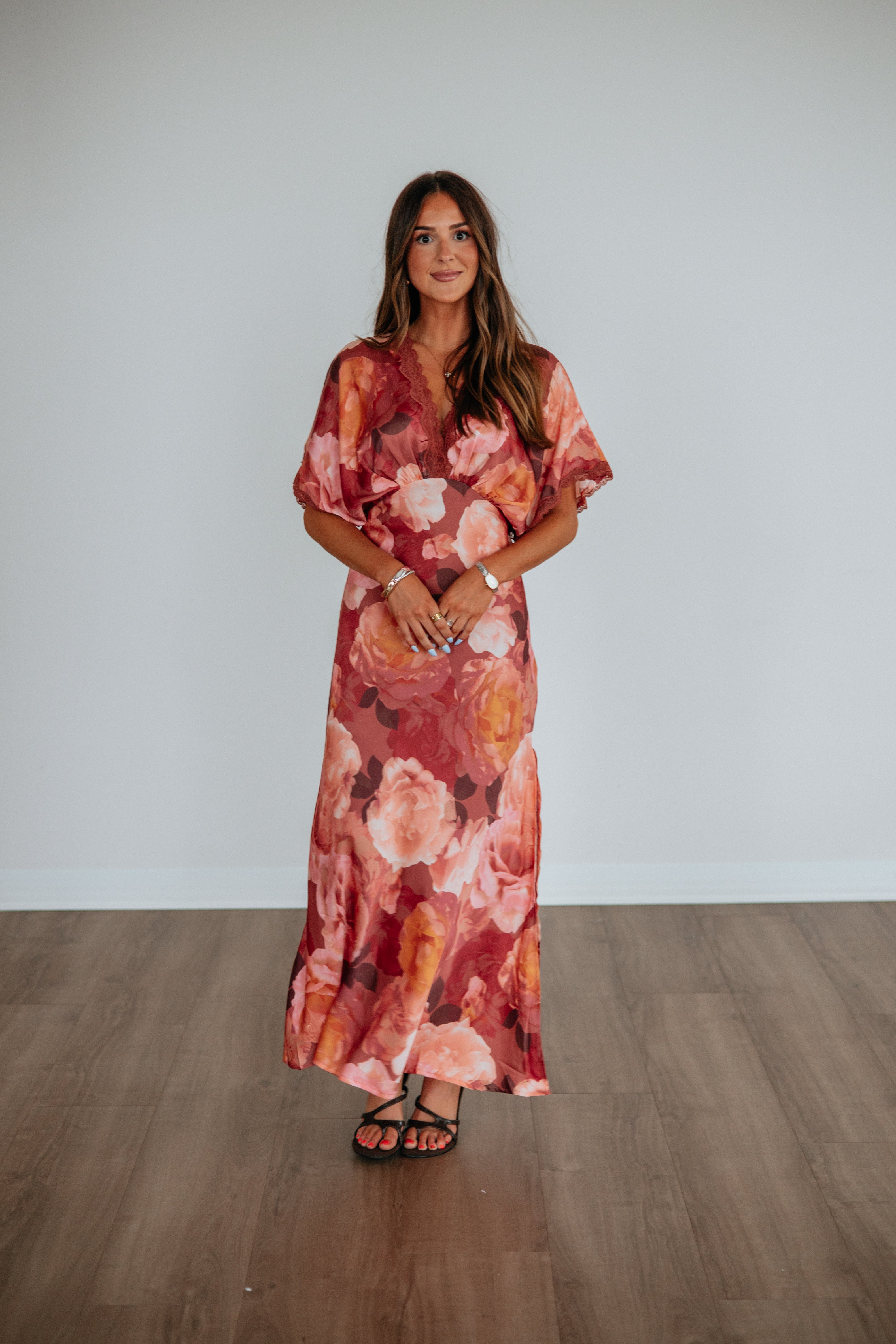 V-Neck Dolman Sleeve Scallop Lace Satin Maxi Dress in Dusty Rose
