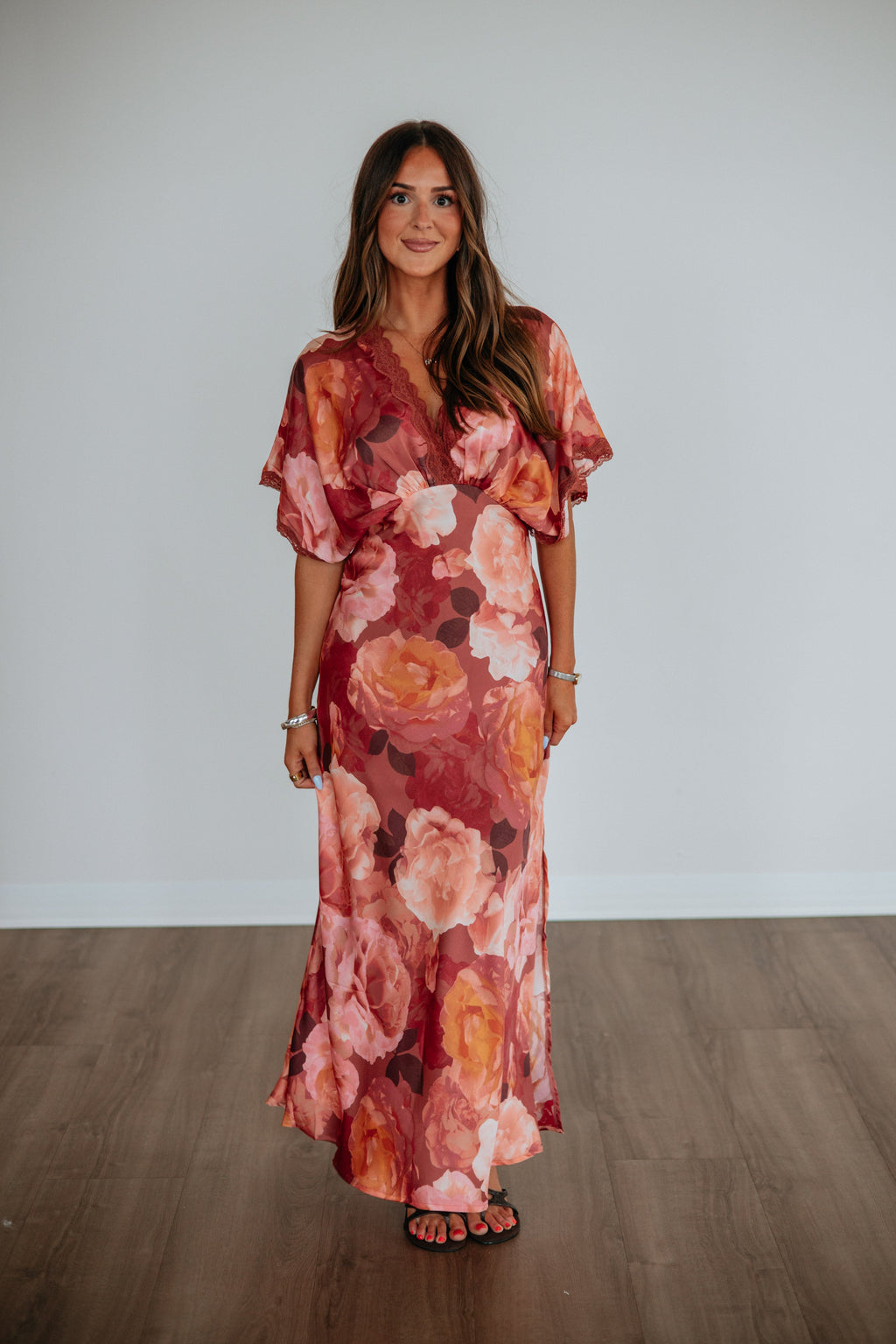 V-Neck Dolman Sleeve Scallop Lace Satin Maxi Dress in Dusty Rose