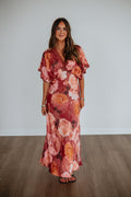 V-Neck Dolman Sleeve Scallop Lace Satin Maxi Dress in Dusty Rose