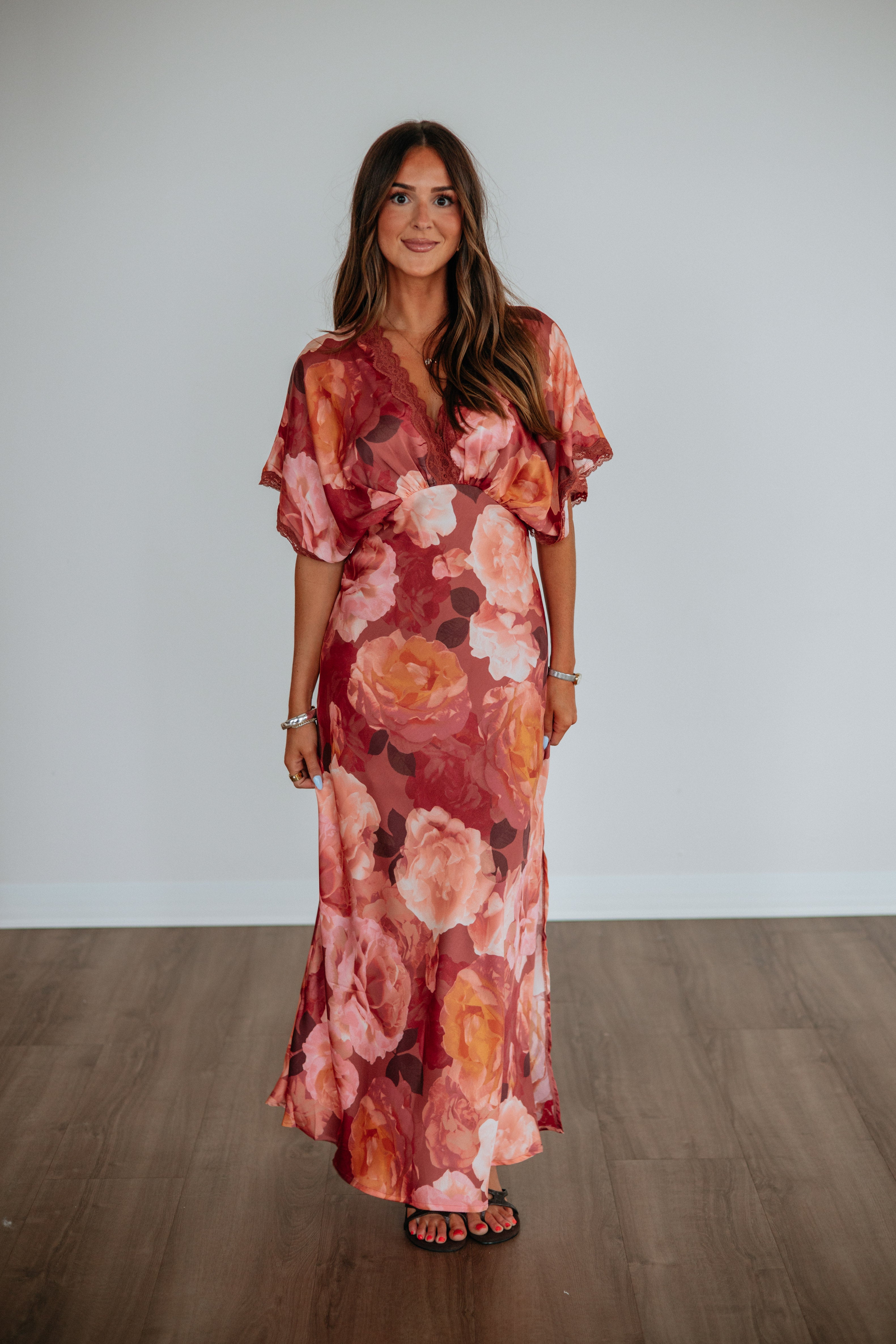 V-Neck Dolman Sleeve Scallop Lace Satin Maxi Dress in Dusty Rose