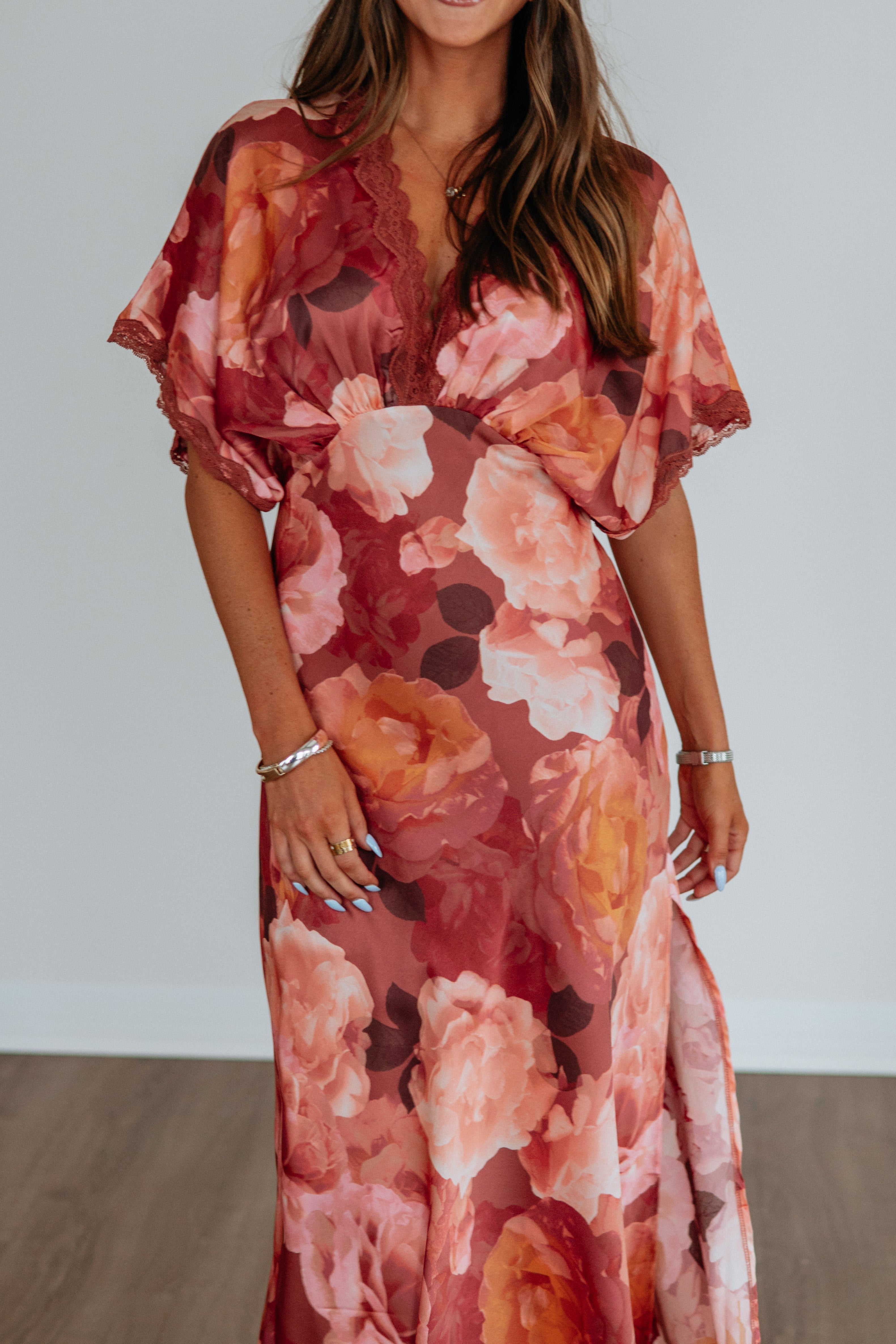 V-Neck Dolman Sleeve Scallop Lace Satin Maxi Dress in Dusty Rose