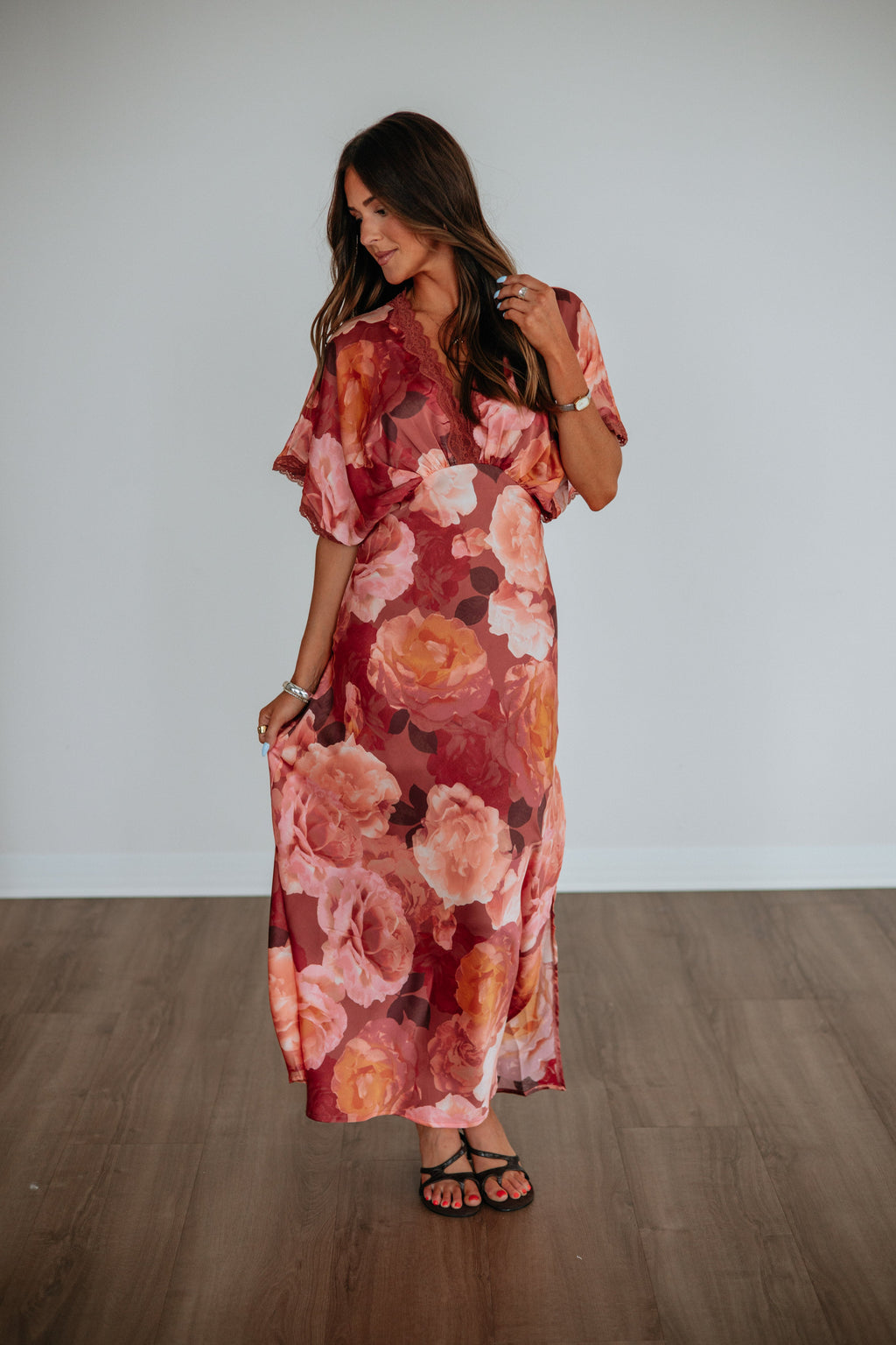 V-Neck Dolman Sleeve Scallop Lace Satin Maxi Dress in Dusty Rose
