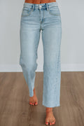 Mid Rise Slouchy Wide Leg Raw Hem Ankle Jeans in Light Wash Cotton