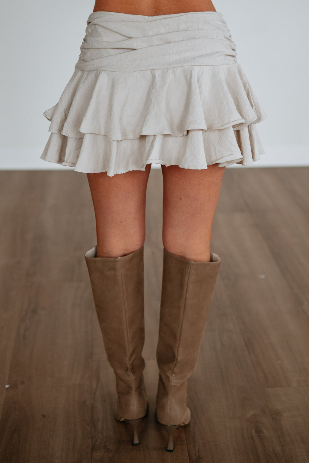 Tiered Ruffle Mini Skort in Ecru Nylon