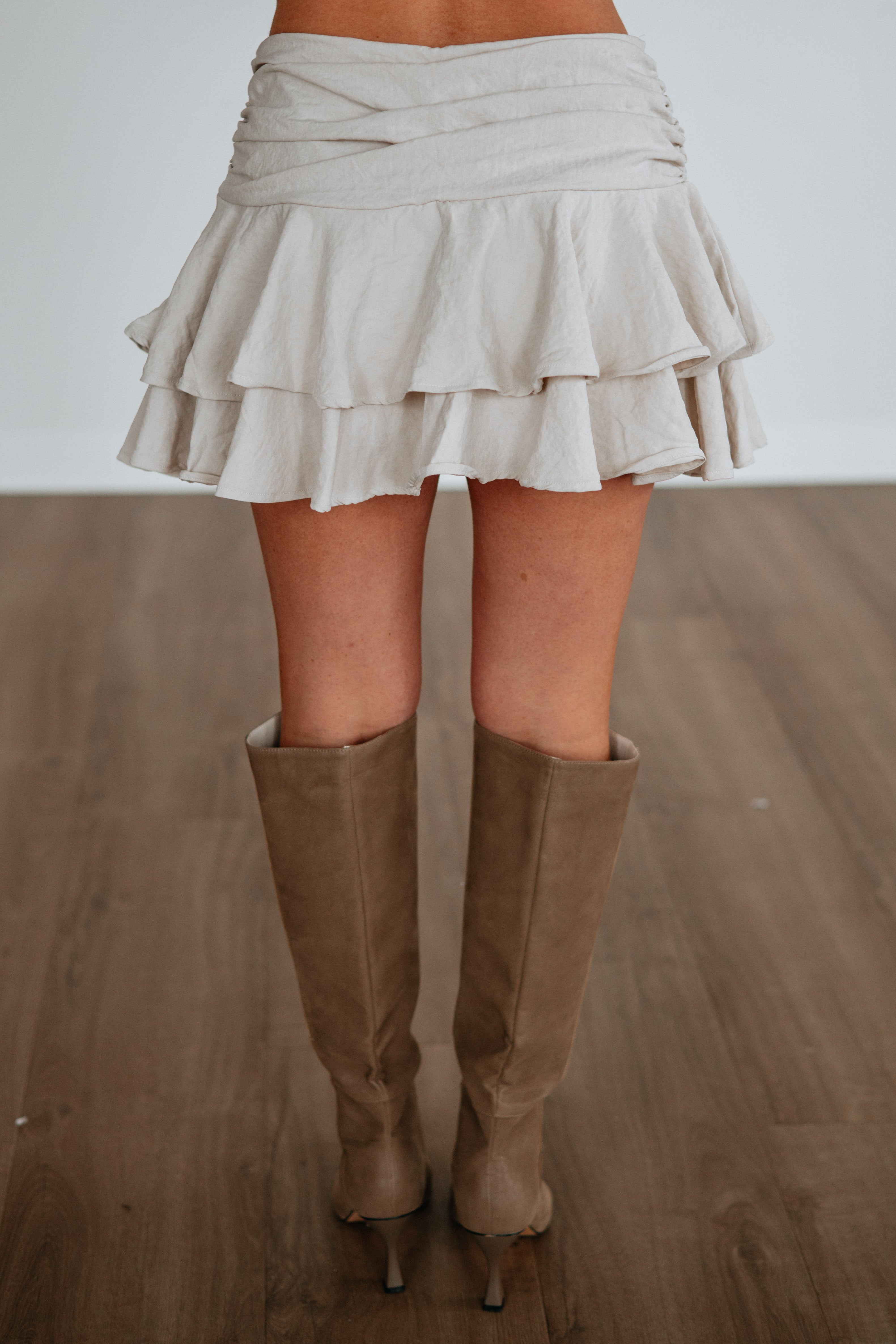 Tiered Ruffle Mini Skort in Ecru Nylon