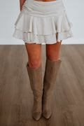 Tiered Ruffle Mini Skort in Ecru Nylon