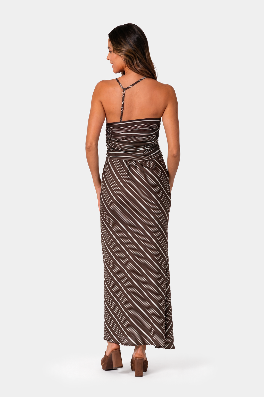 Halter Ruched Contrast Stripe Maxi Dress in Chocolate Tencel
