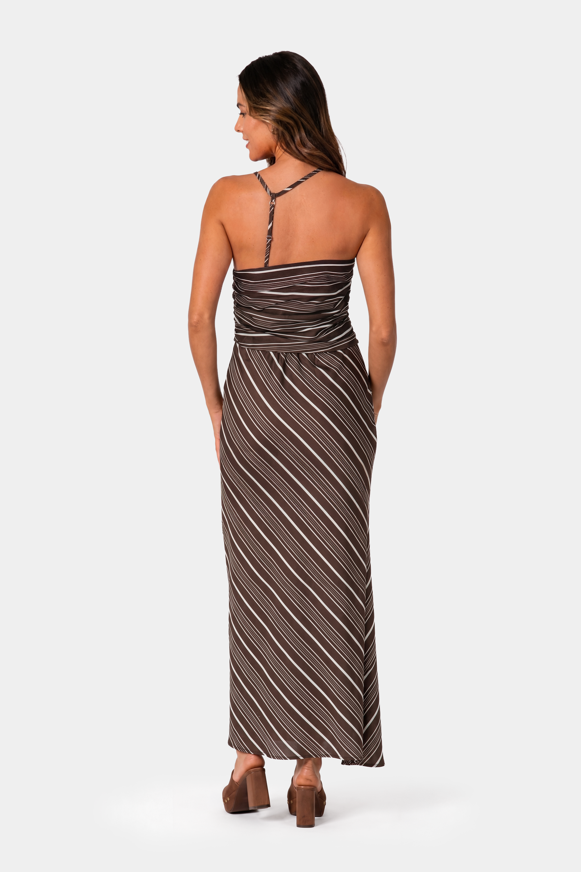 Halter Ruched Contrast Stripe Maxi Dress in Chocolate Tencel