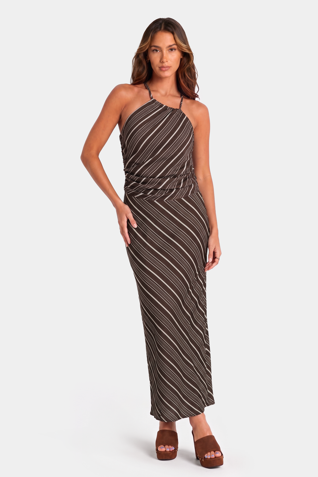 Halter Ruched Contrast Stripe Maxi Dress in Chocolate Tencel