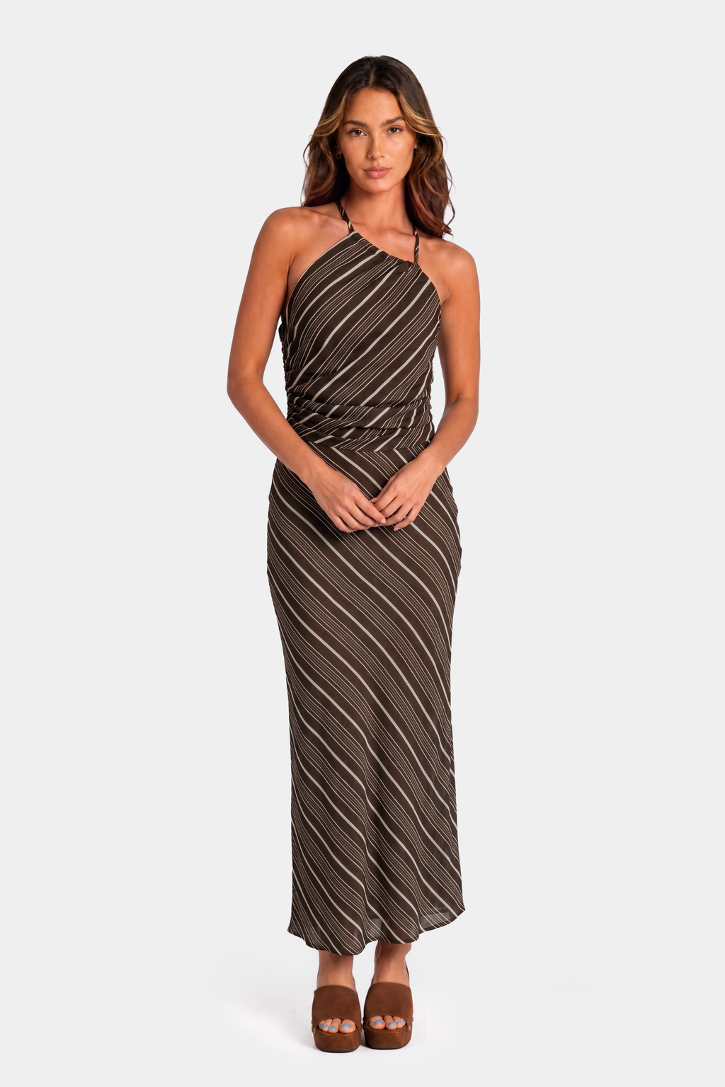 Halter Ruched Contrast Stripe Maxi Dress in Chocolate Tencel