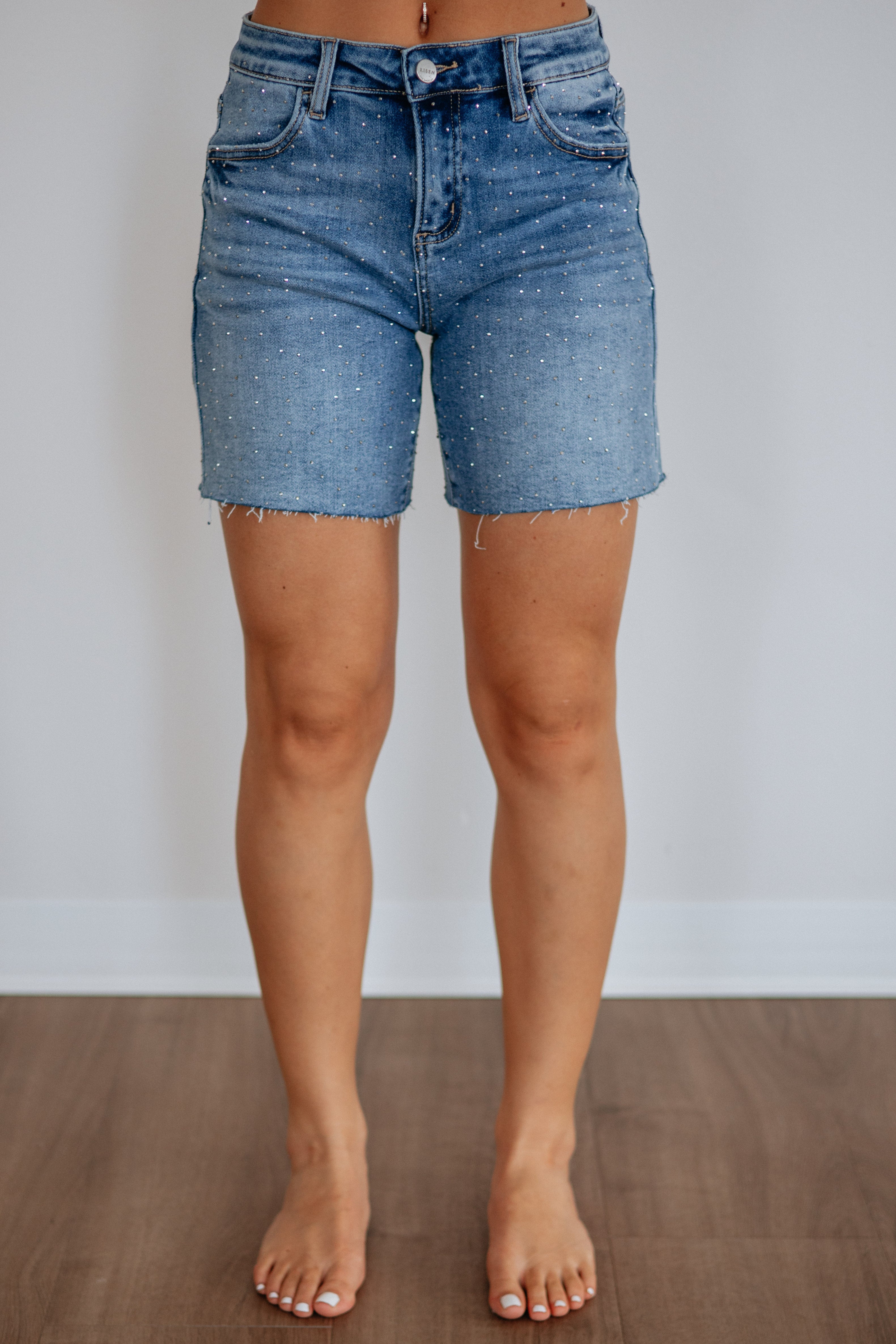 High Rise Rhinestone Mid-Length Denim Shorts in Medium Wash