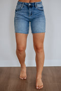 High Rise Rhinestone Mid-Length Denim Shorts in Medium Wash