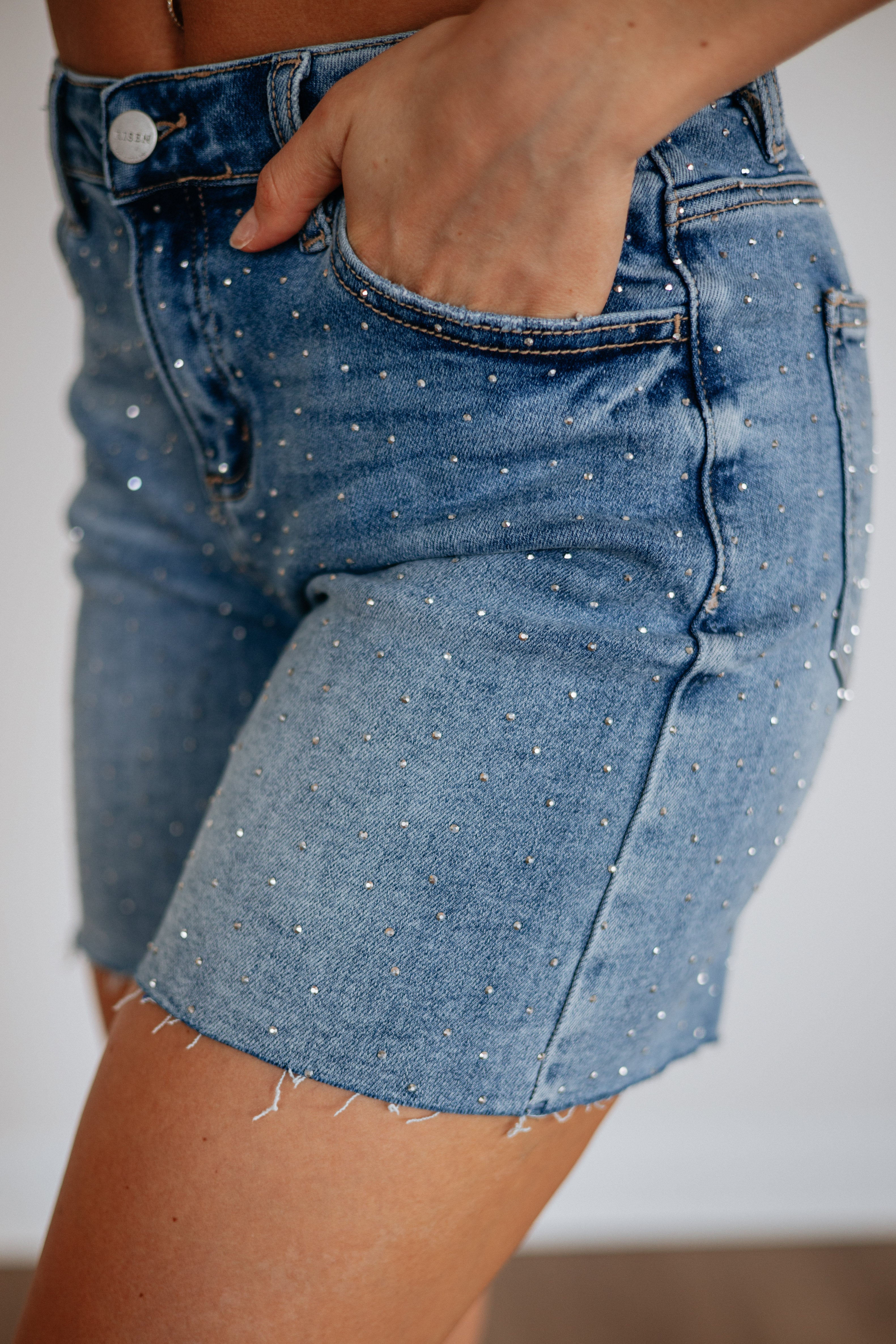 High Rise Rhinestone Mid-Length Denim Shorts in Medium Wash