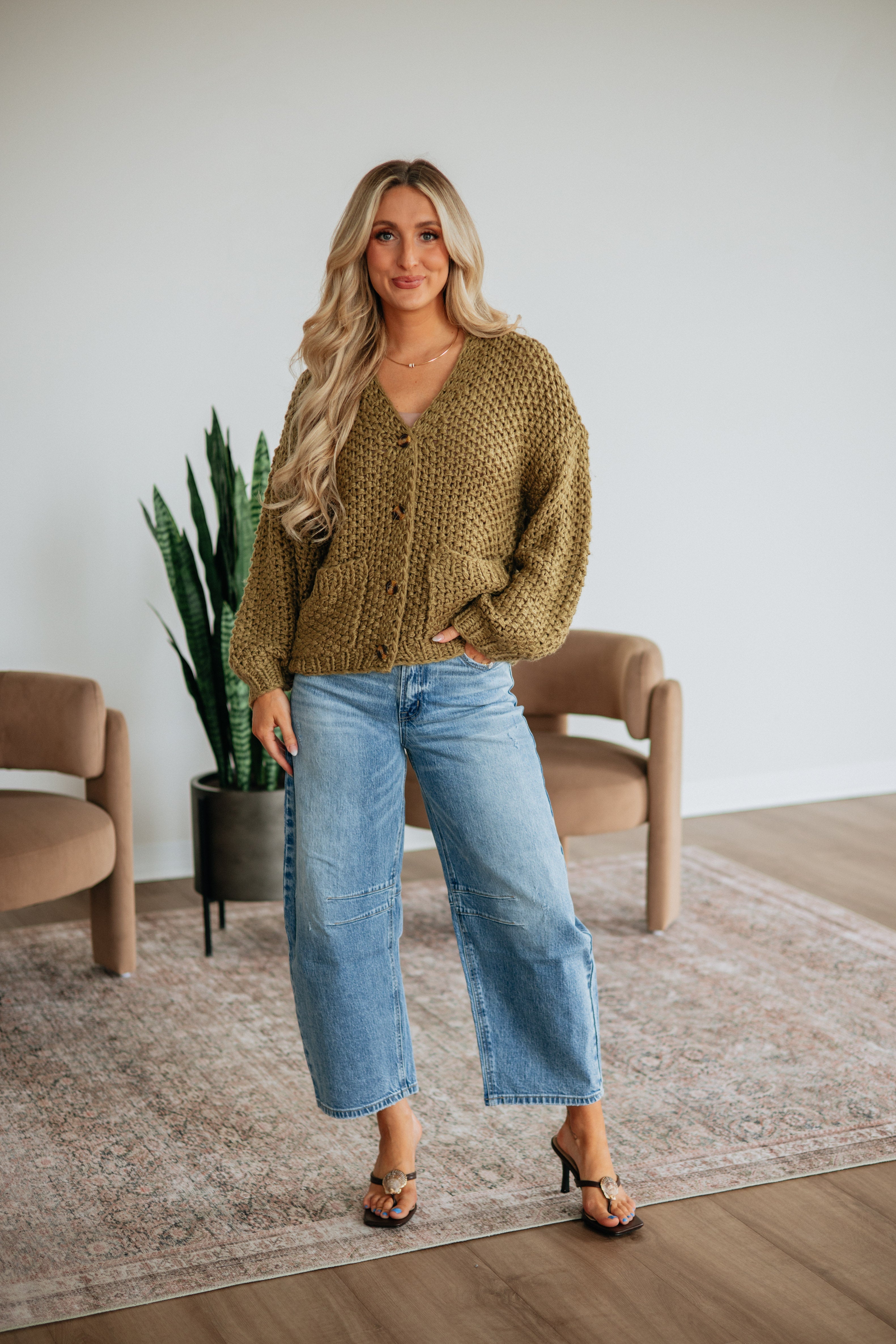 V-Neck Drop Shoulder Chunky Knit Button-Down Cardigan