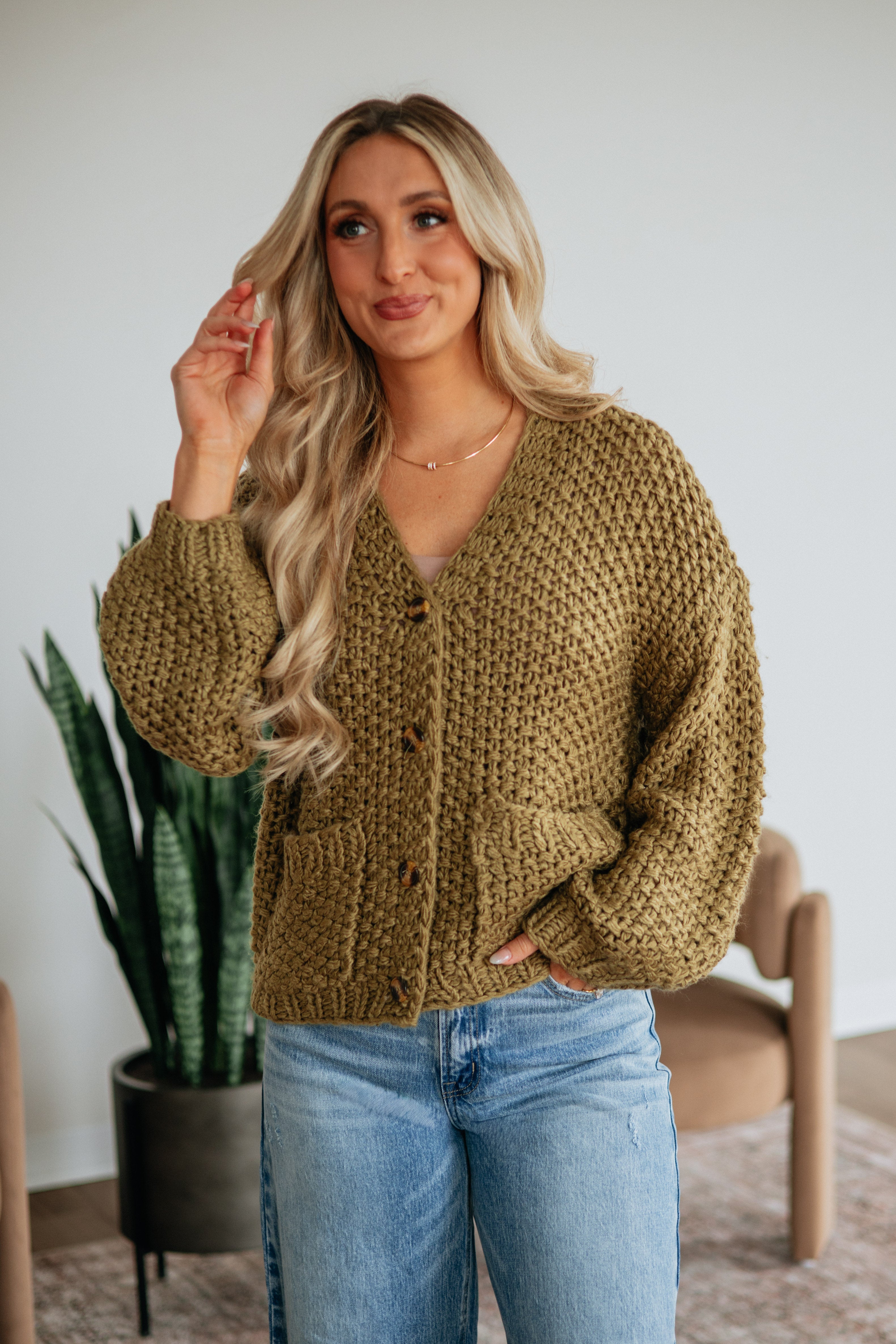 V-Neck Drop Shoulder Chunky Knit Button-Down Cardigan