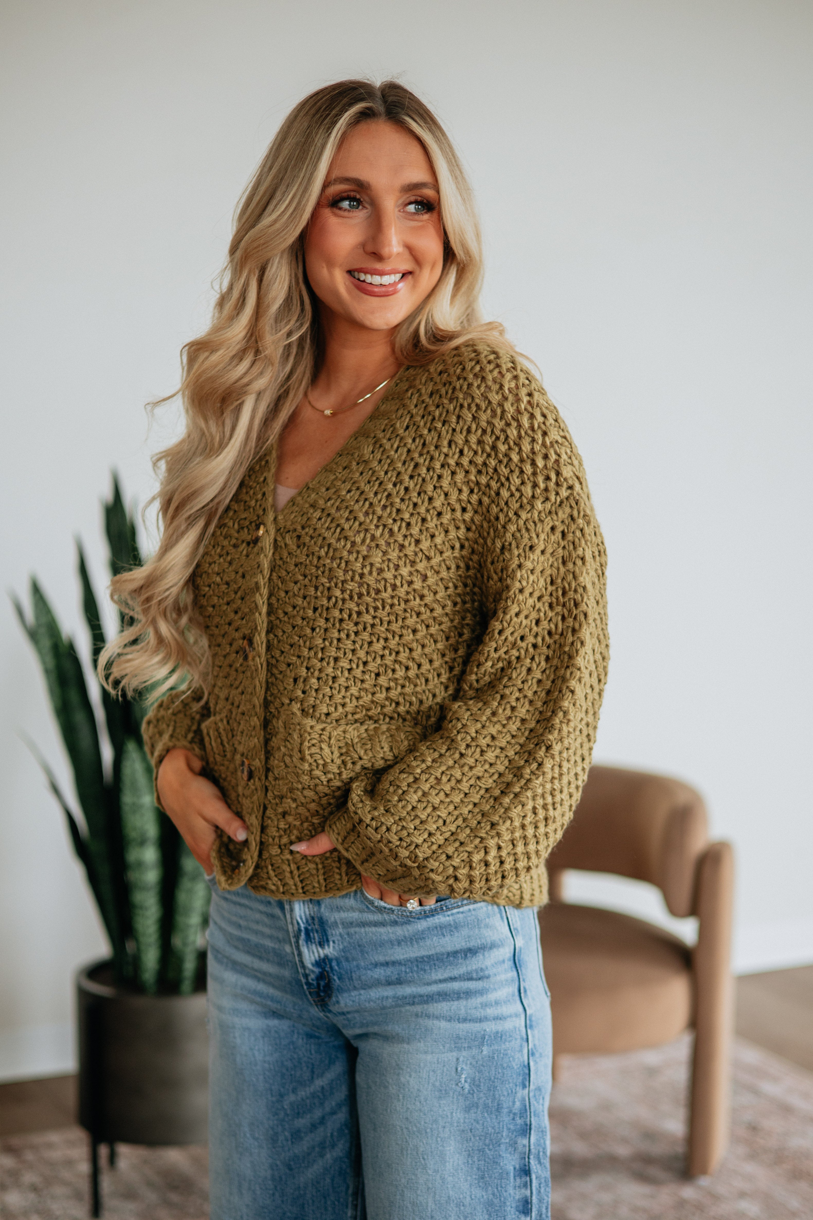 V-Neck Drop Shoulder Chunky Knit Button-Down Cardigan