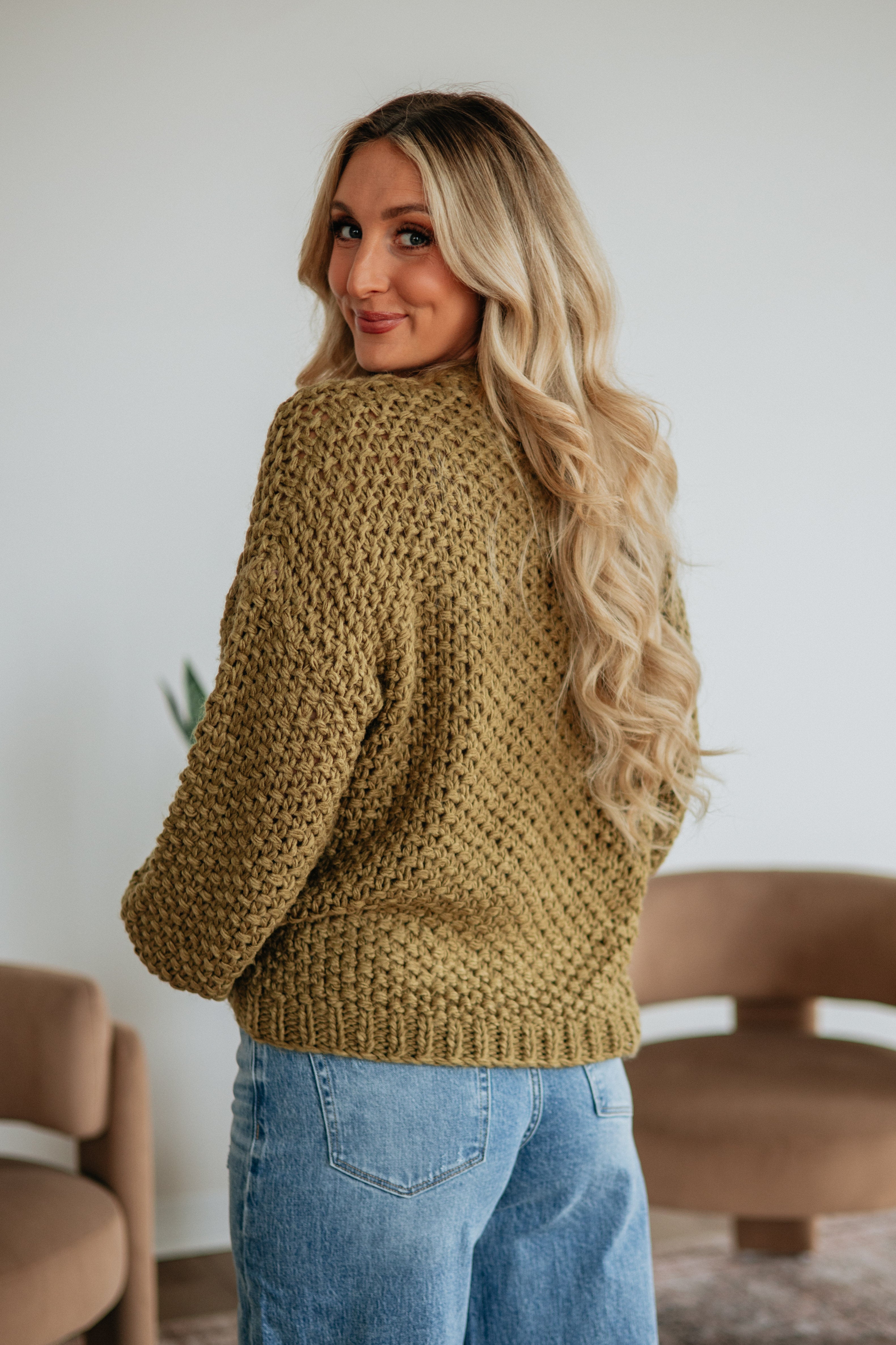 V-Neck Drop Shoulder Chunky Knit Button-Down Cardigan