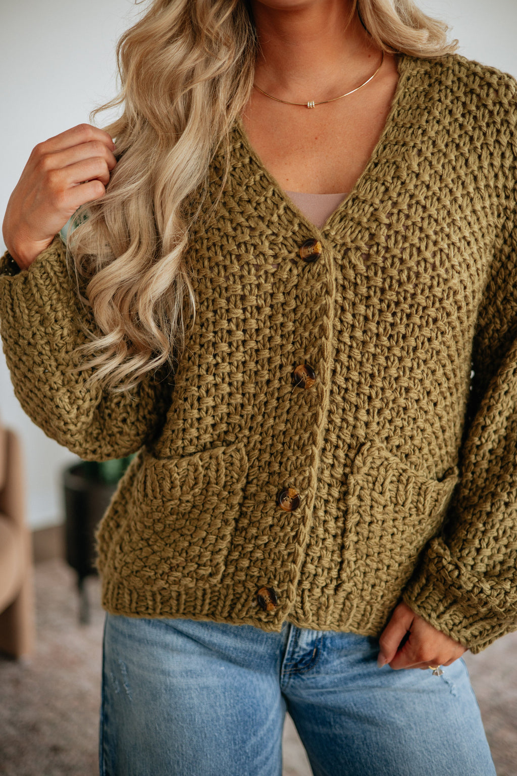 V-Neck Drop Shoulder Chunky Knit Button-Down Cardigan