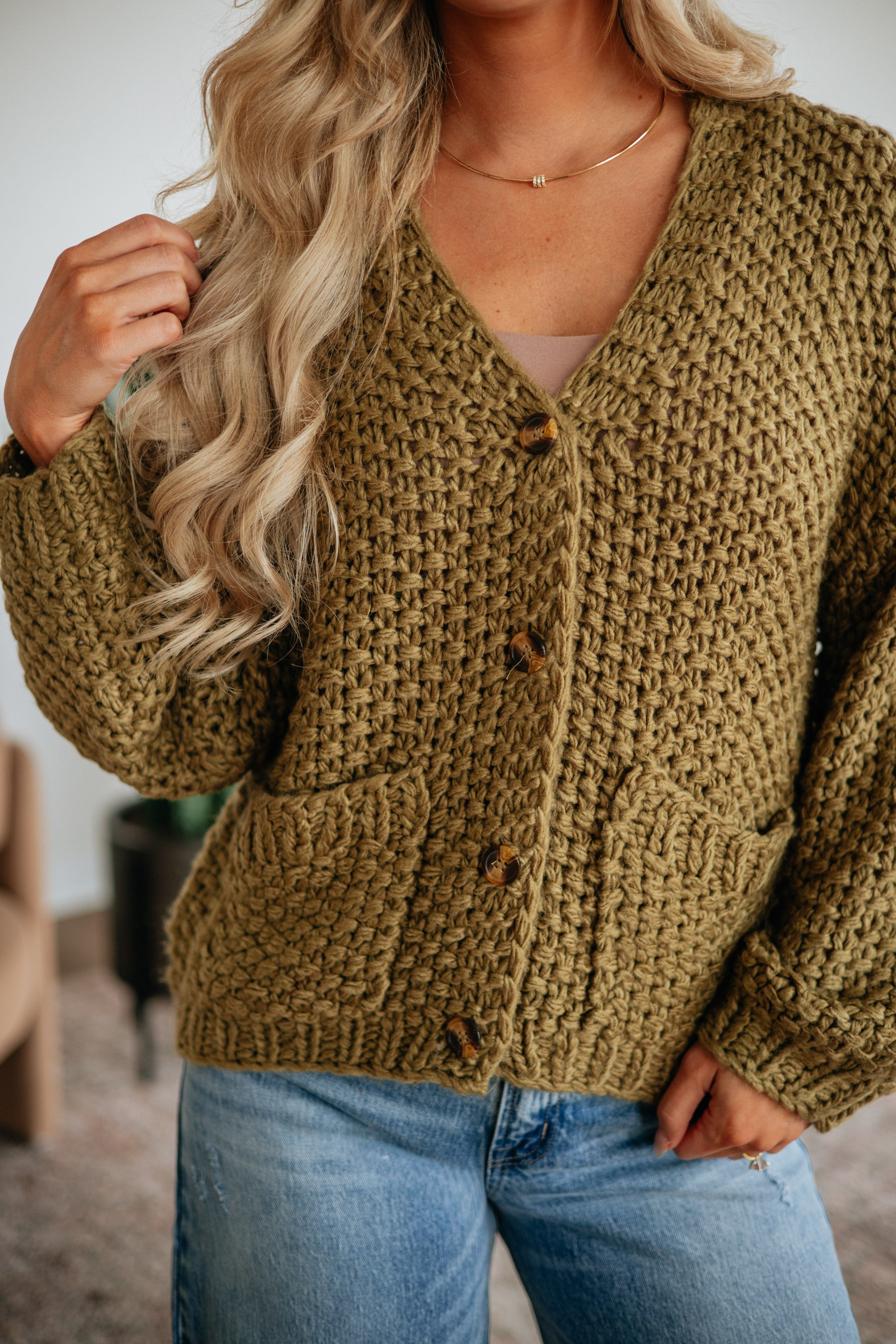 V-Neck Drop Shoulder Chunky Knit Button-Down Cardigan