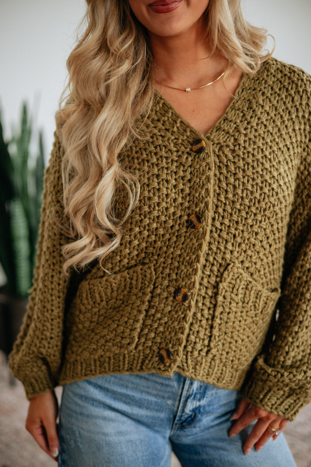 V-Neck Drop Shoulder Chunky Knit Button-Down Cardigan