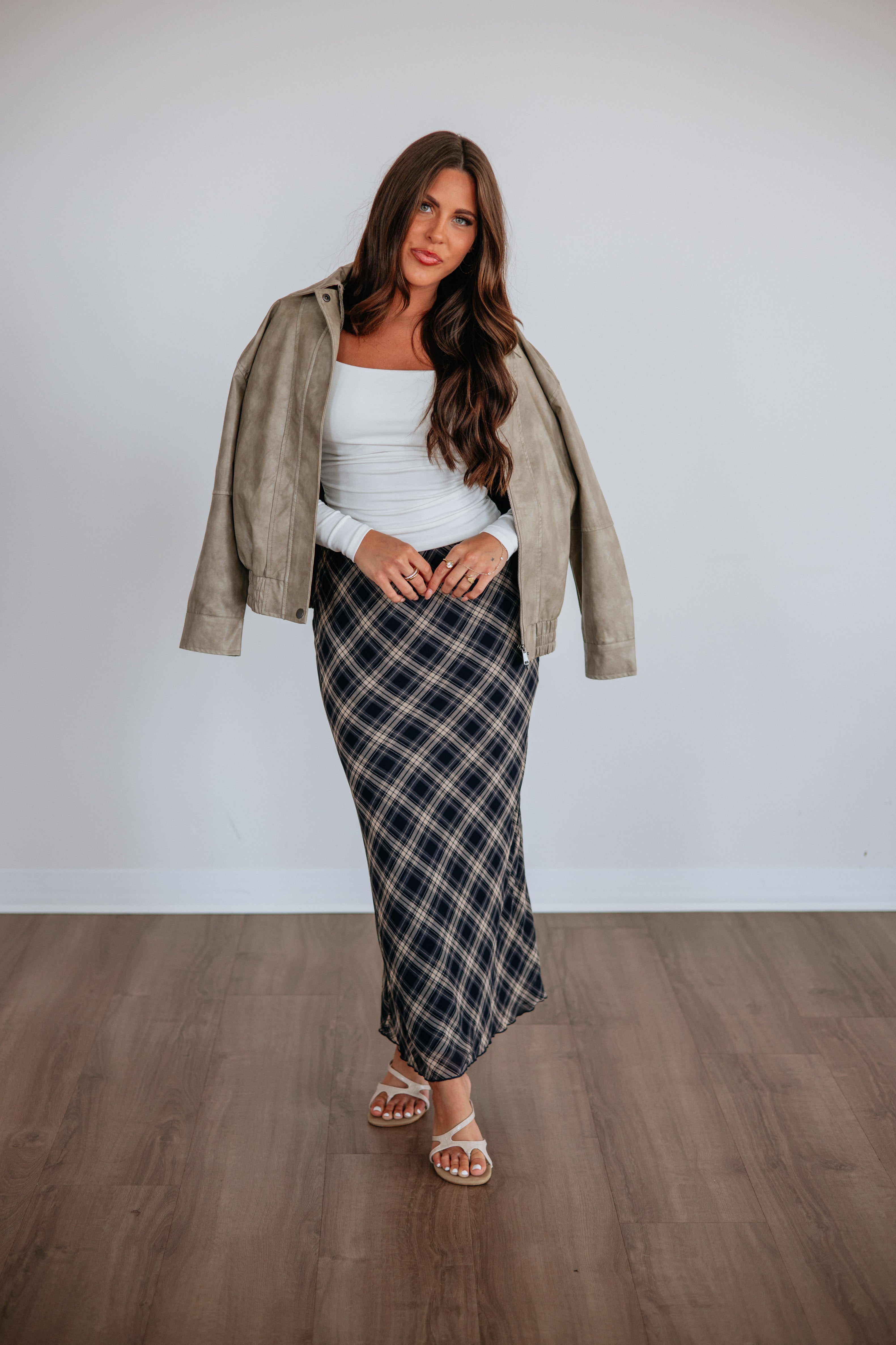 Plaid Print Lettuce Hem Midi Skirt in Dark Navy Polyester