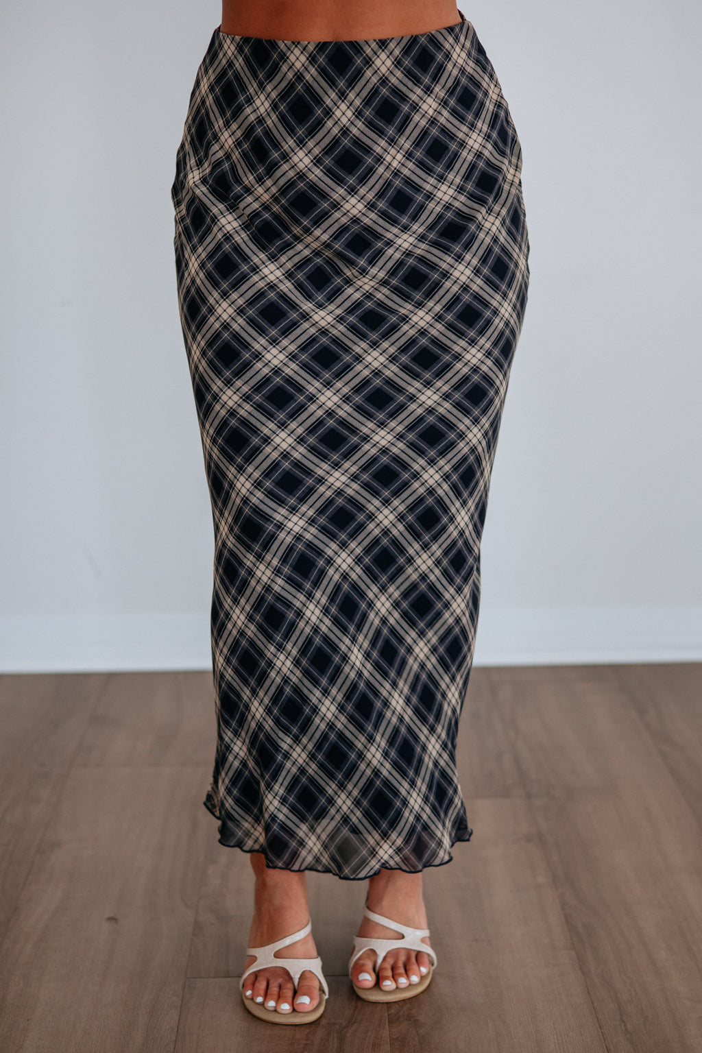 Plaid Print Lettuce Hem Midi Skirt in Dark Navy Polyester