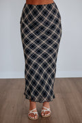 Plaid Print Lettuce Hem Midi Skirt in Dark Navy Polyester