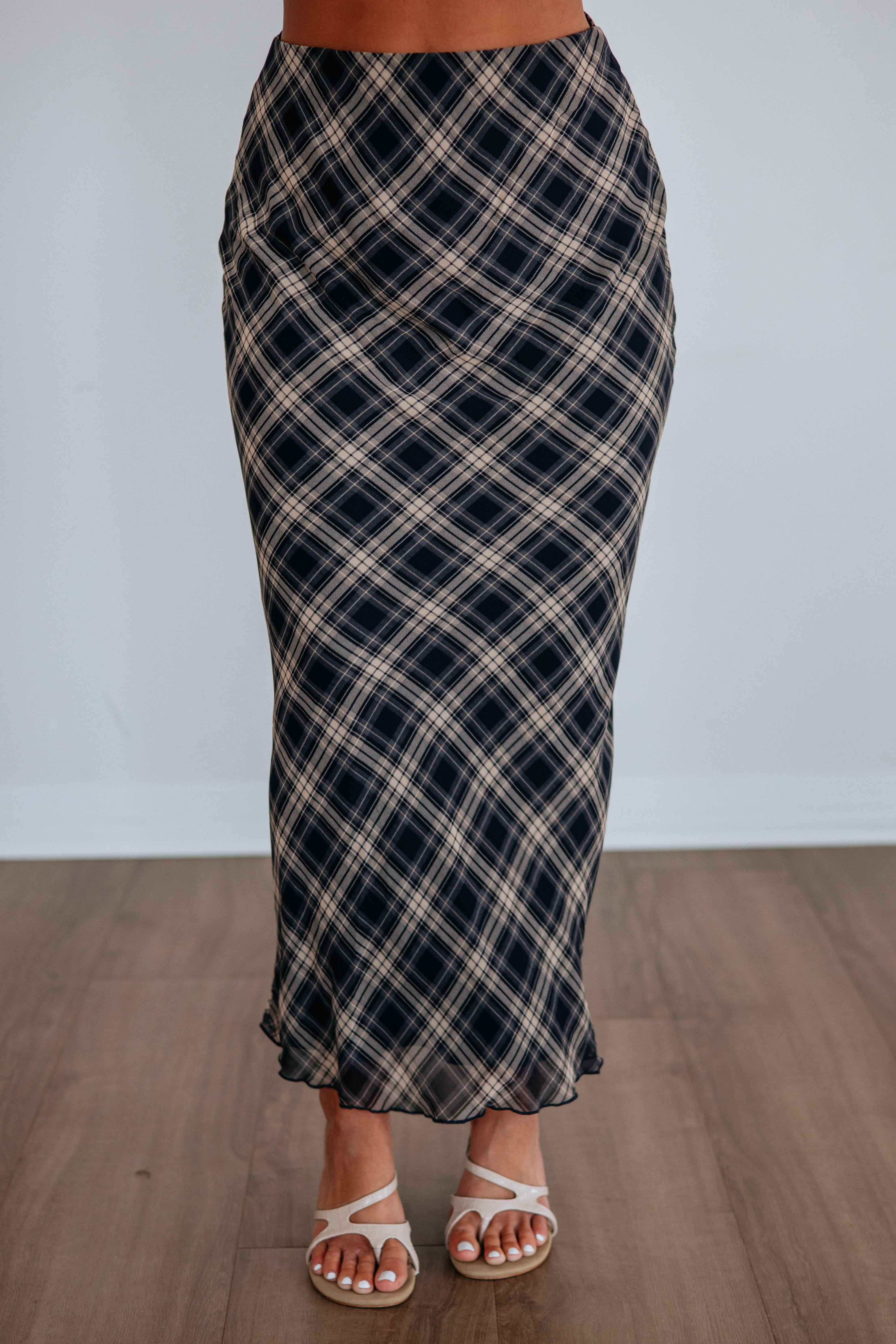 Plaid Print Lettuce Hem Midi Skirt in Dark Navy Polyester