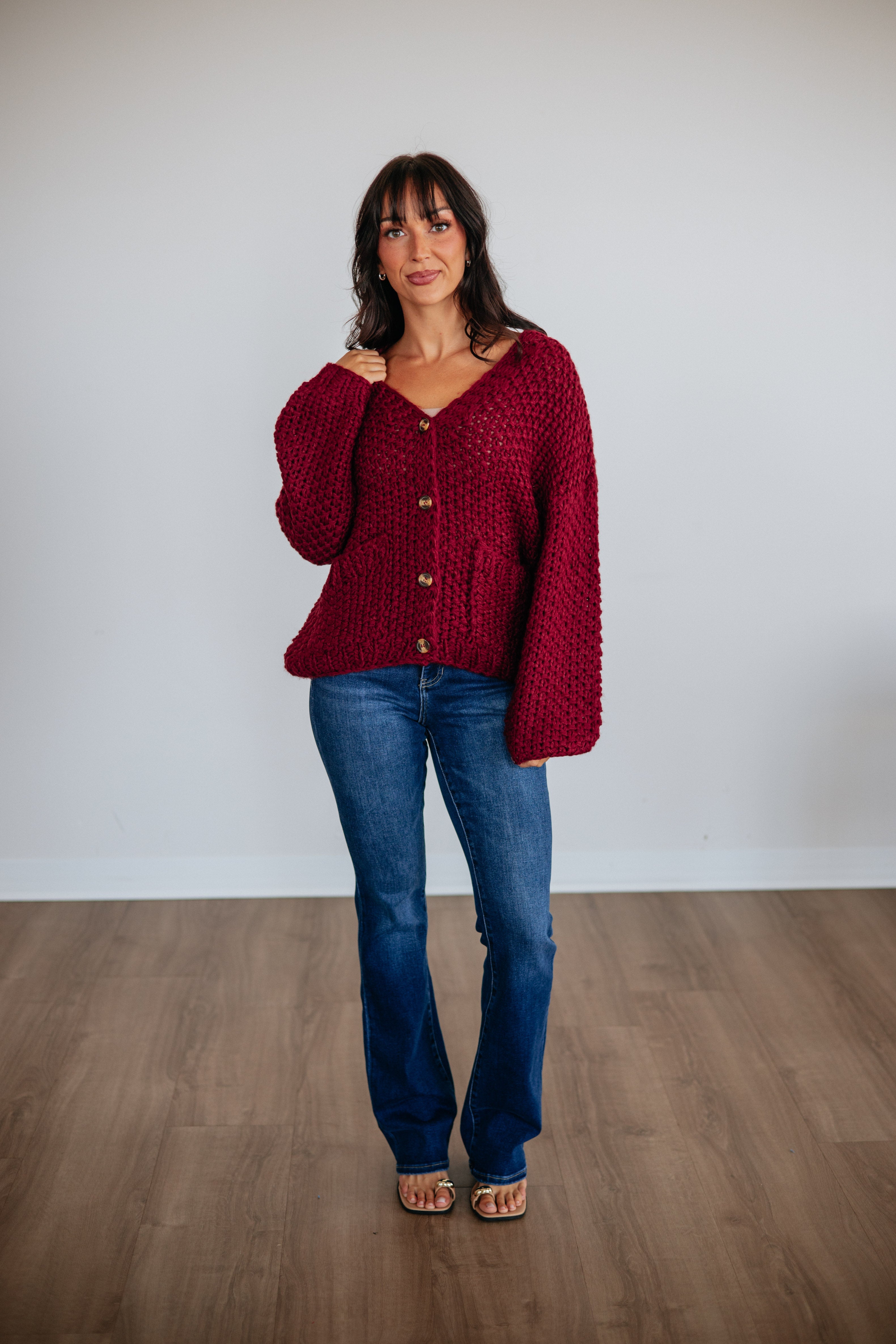 V-Neck Drop Shoulder Chunky Knit Button-Down Cardigan