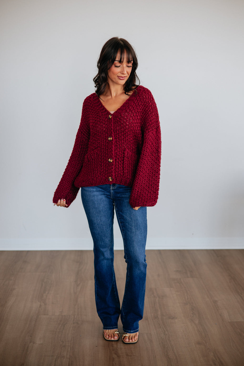 V-Neck Drop Shoulder Chunky Knit Button-Down Cardigan