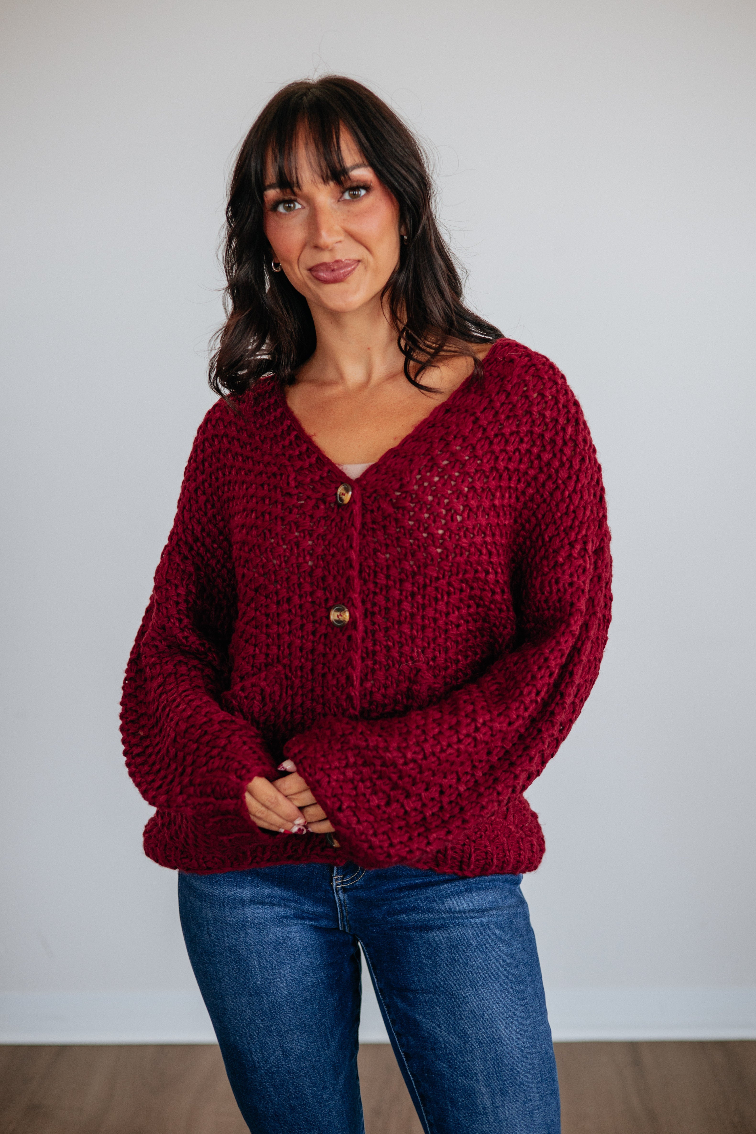 V-Neck Drop Shoulder Chunky Knit Button-Down Cardigan