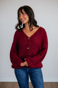 V-Neck Drop Shoulder Chunky Knit Button-Down Cardigan