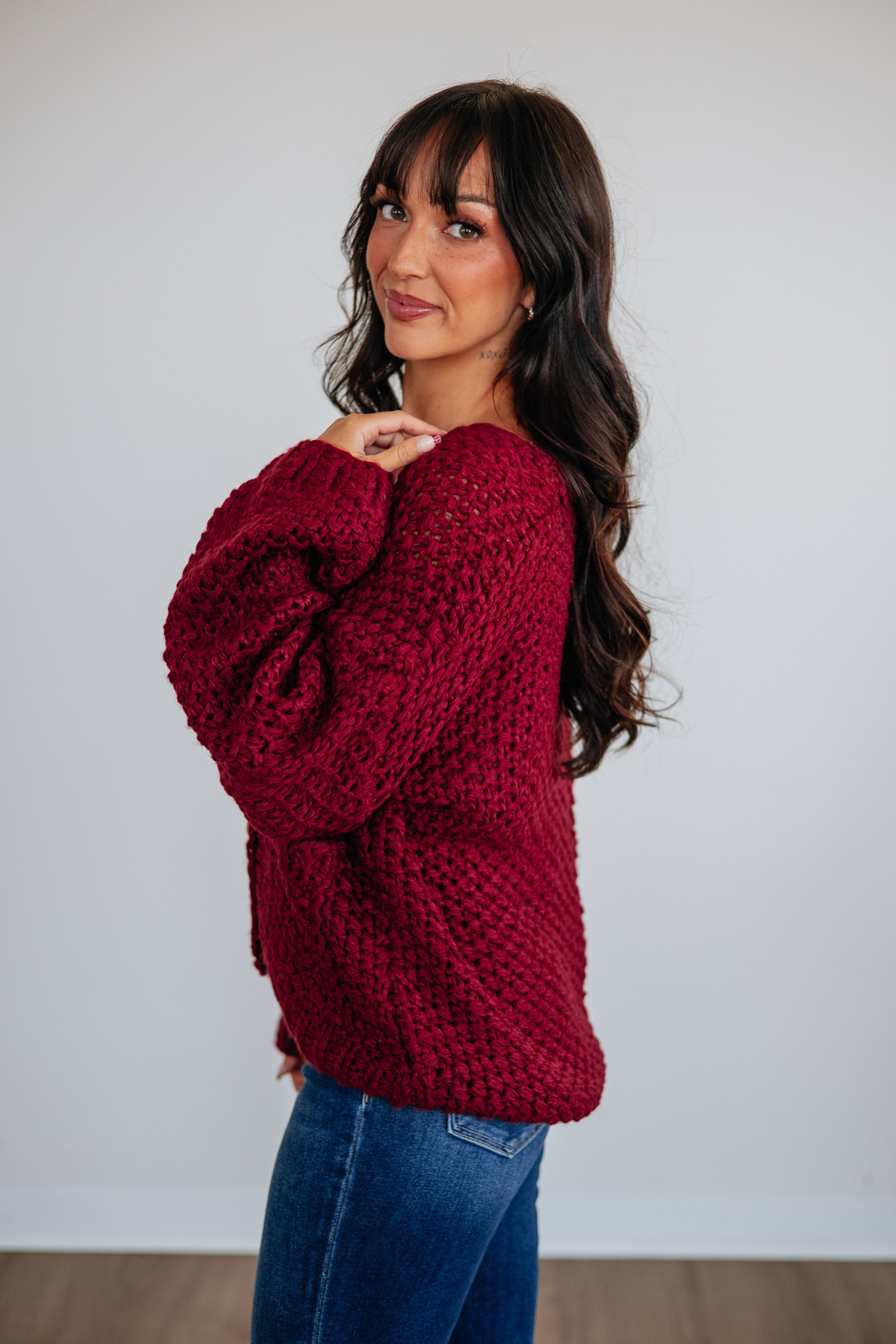 V-Neck Drop Shoulder Chunky Knit Button-Down Cardigan