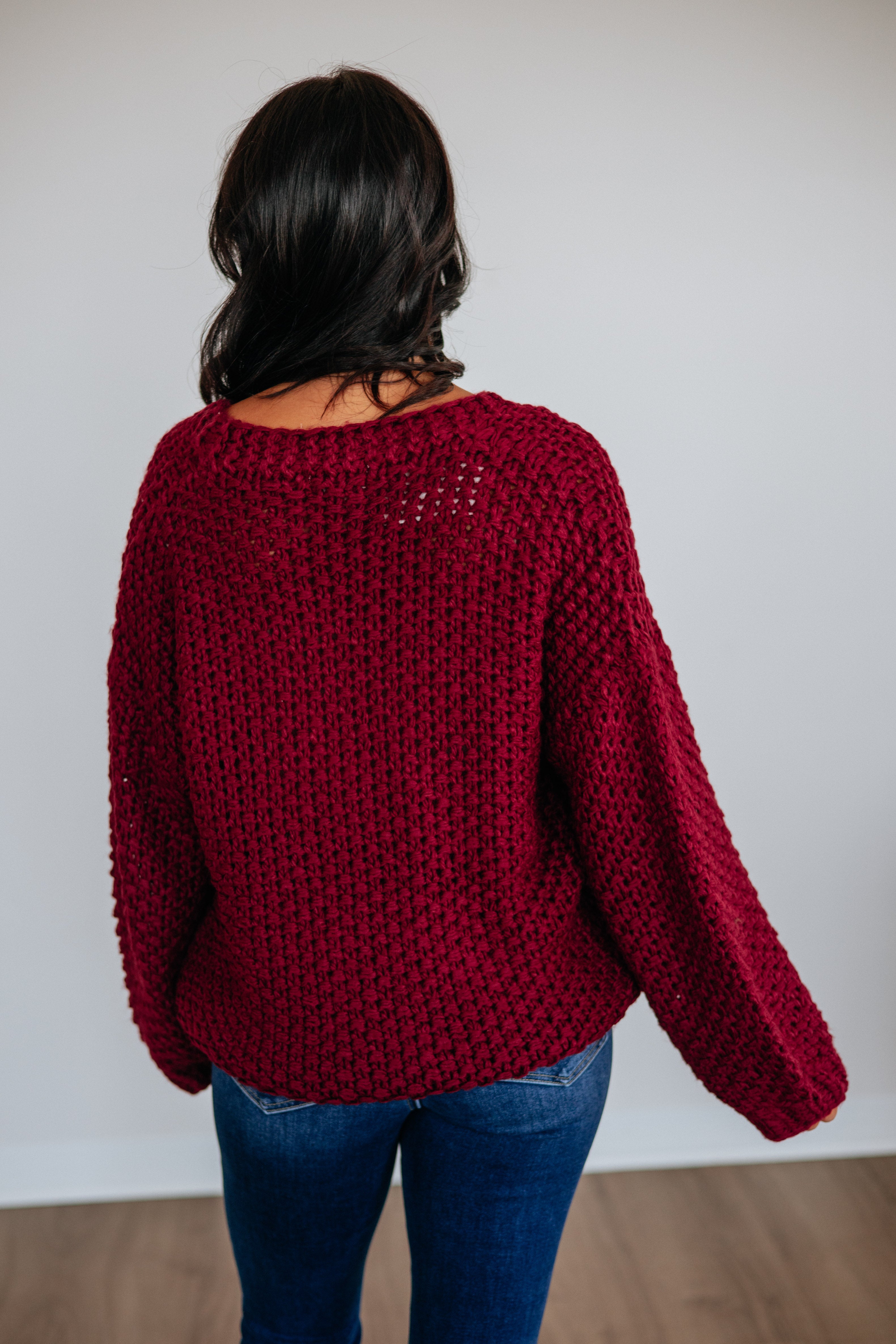 V-Neck Drop Shoulder Chunky Knit Button-Down Cardigan