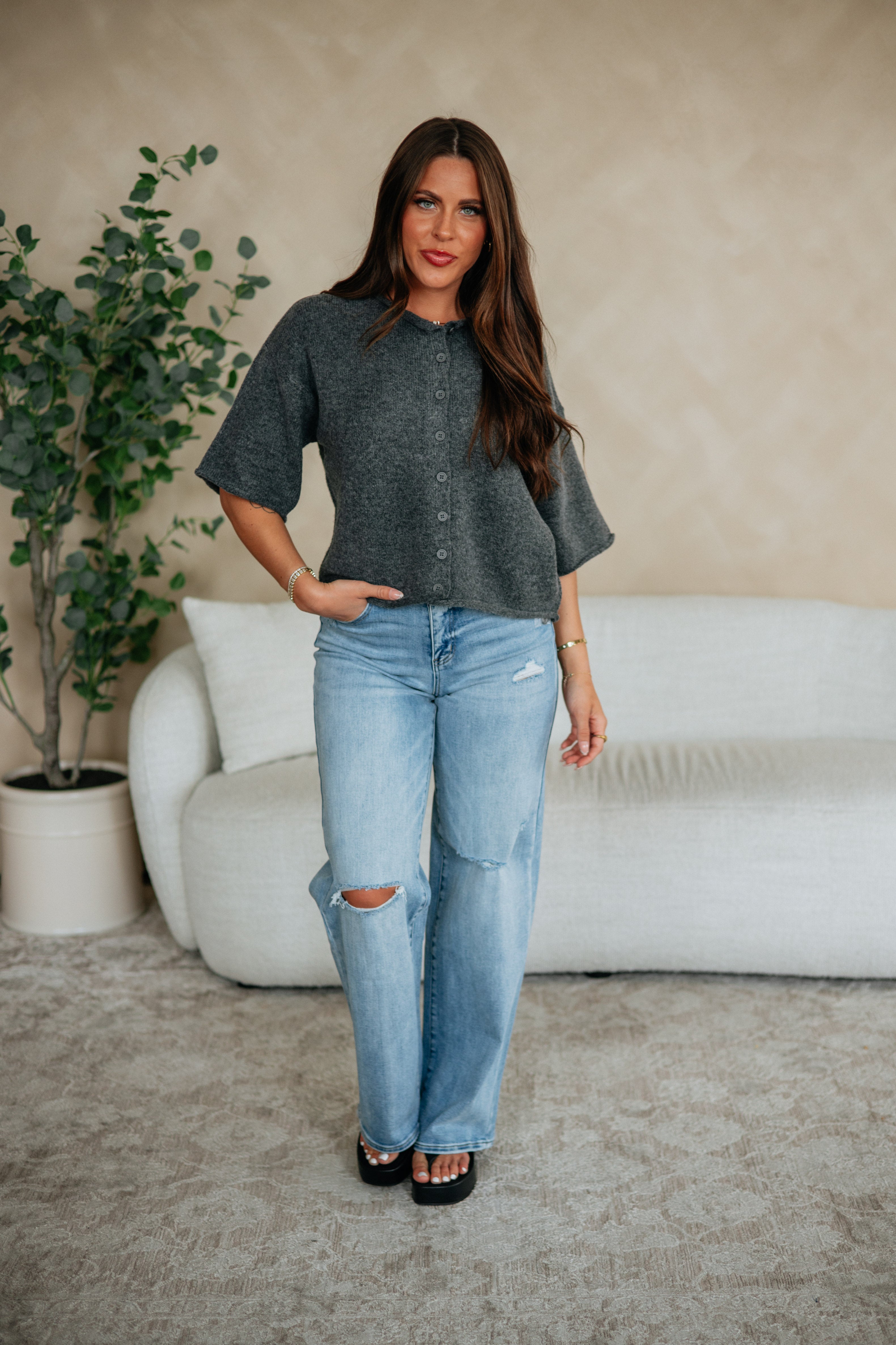 Round Neck Short Sleeve Boxy Sweater Knit Button-Down Cardigan