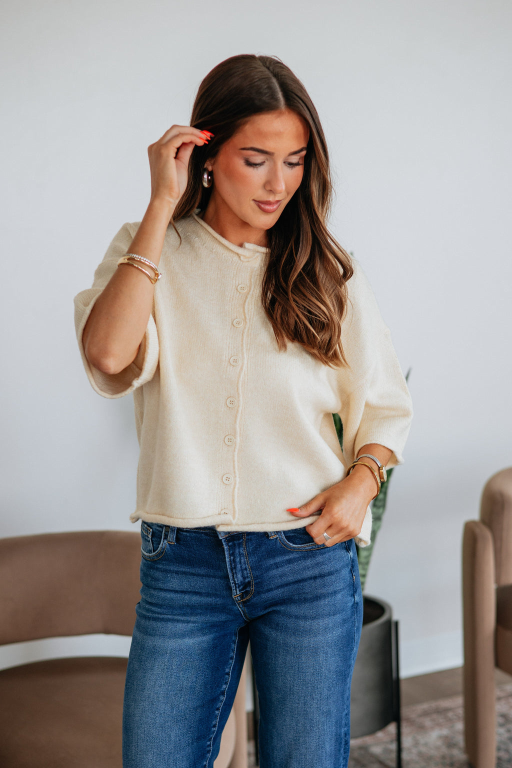 Round Neck Short Sleeve Boxy Sweater Knit Button-Down Cardigan