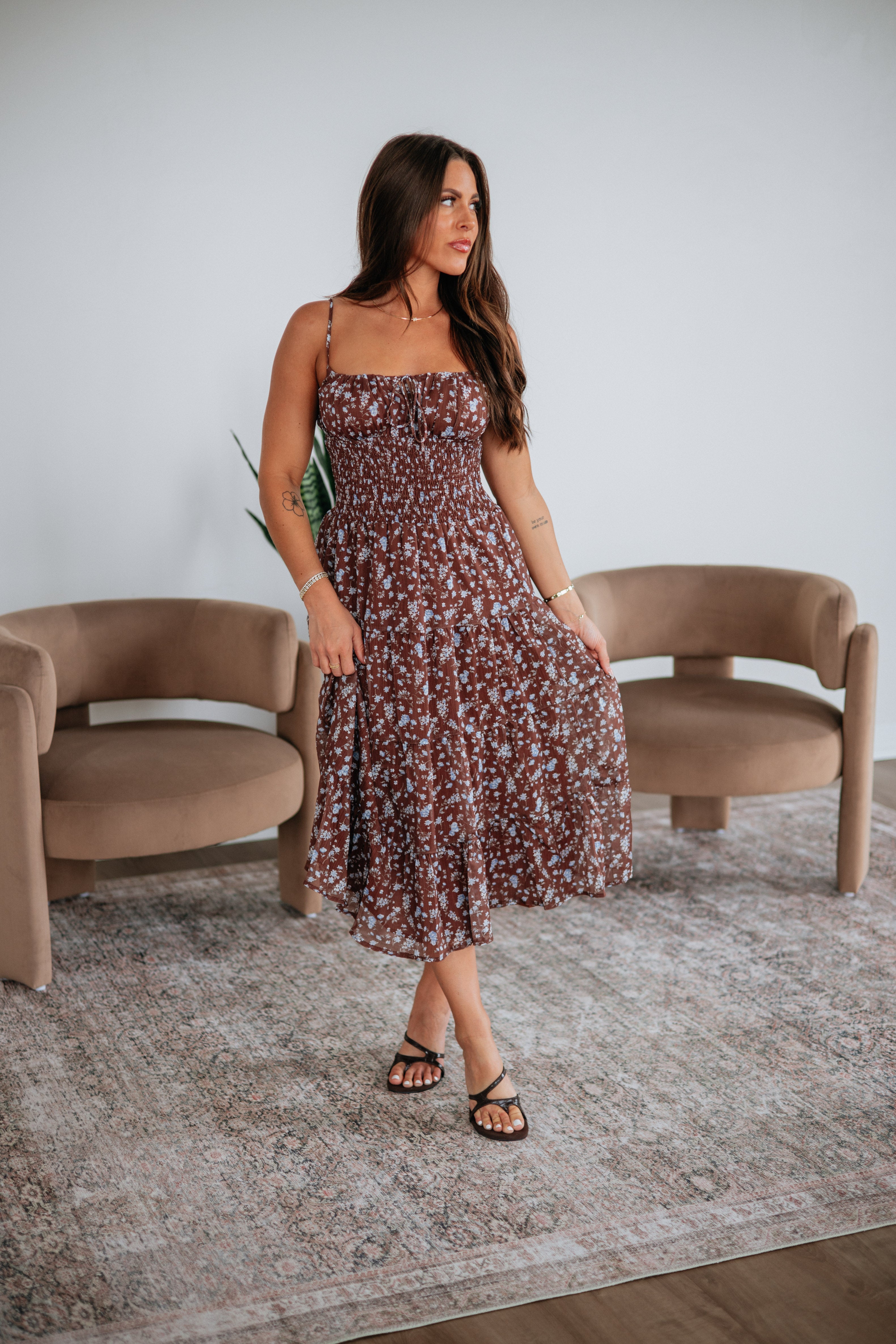 Straight Neck Smocked Back Tiered Floral Midi Dress in Chestnut